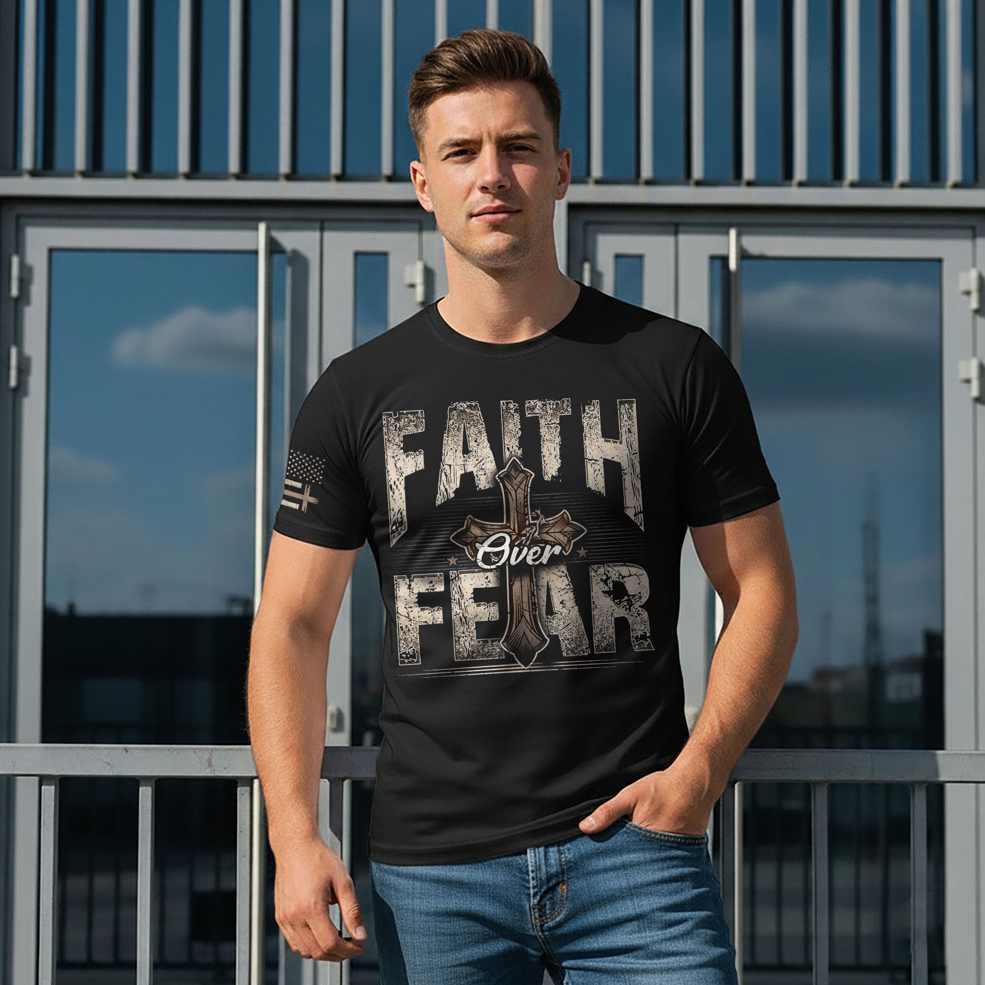 Faith Over Fear Christian T-Shirt Vintage Cross Crown Design