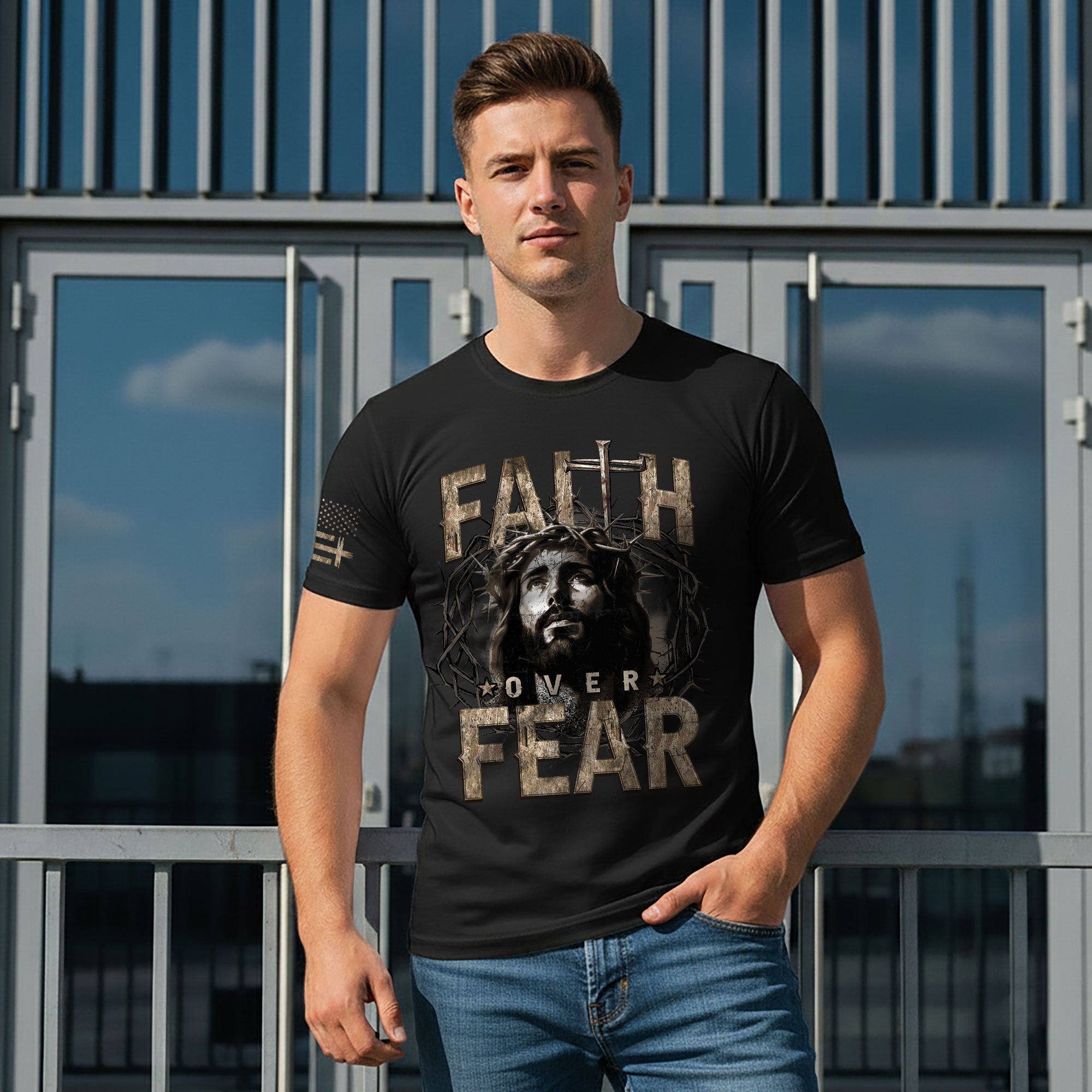 Faith Over Fear Christian T-Shirt Jesus Crown Cross Design
