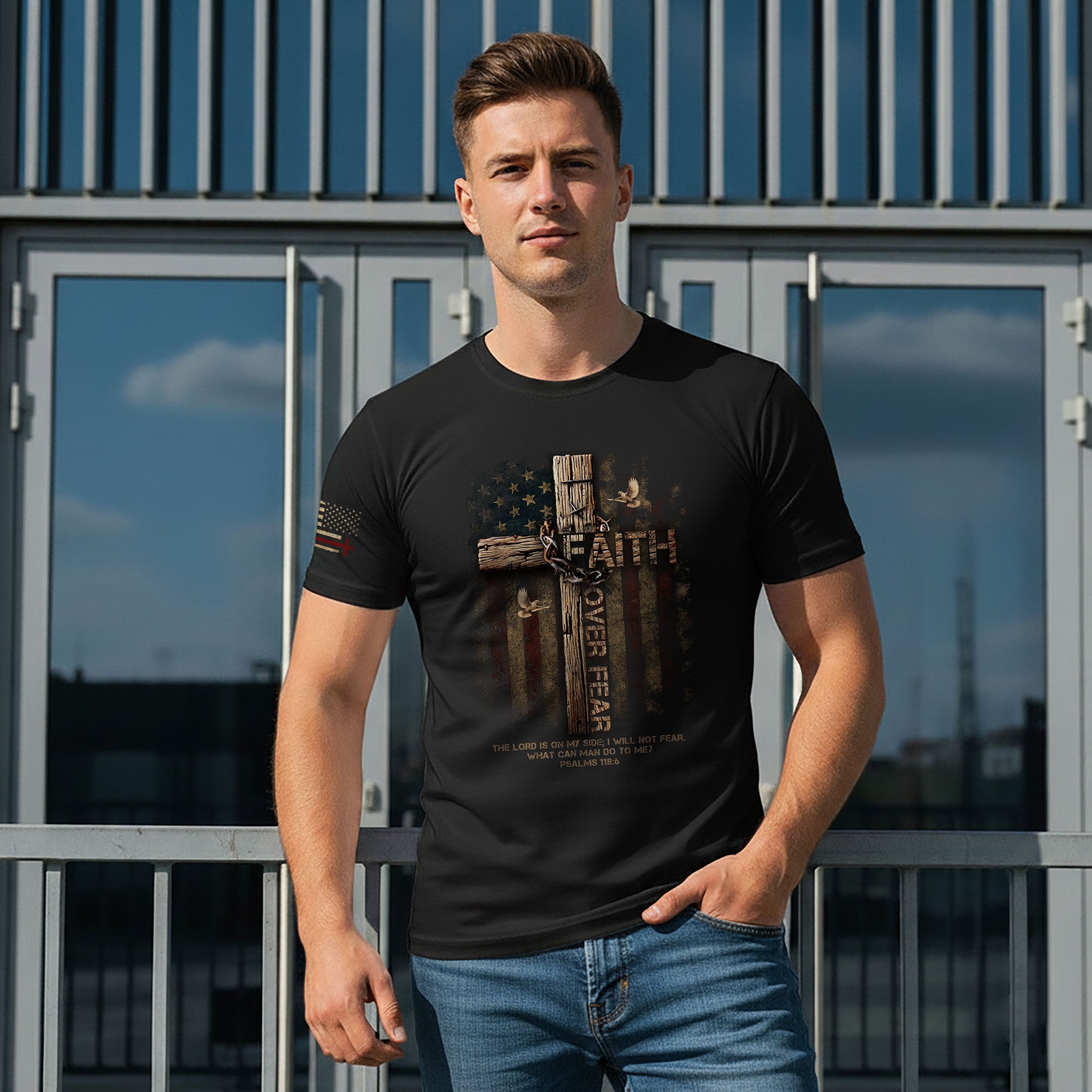 Faith Over Fear Wooden Cross American Flag Christian T-Shirt – Psalm 118:6 Verse