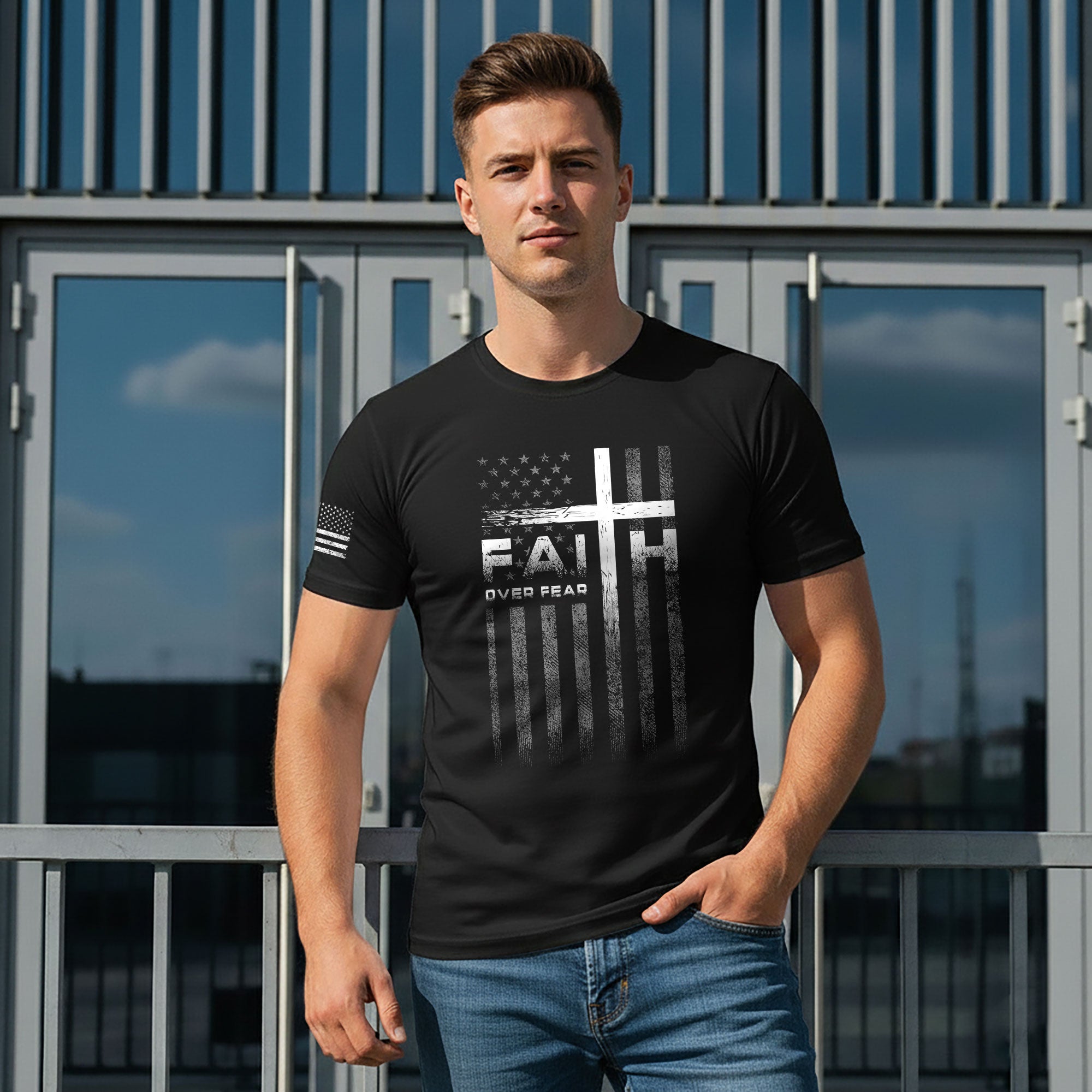 Faith Over Fear Christian T-Shirt Cross American Flag Design