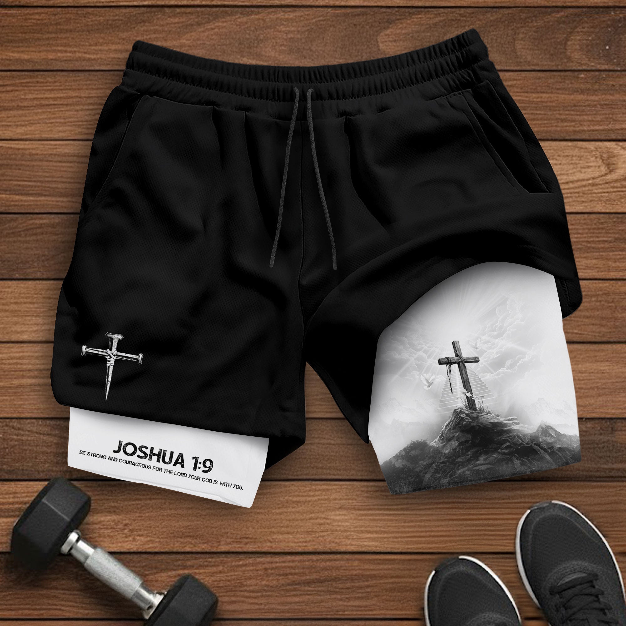 Joshua 1 9 Cross Mountain Christian Gym Shorts Faith Strength