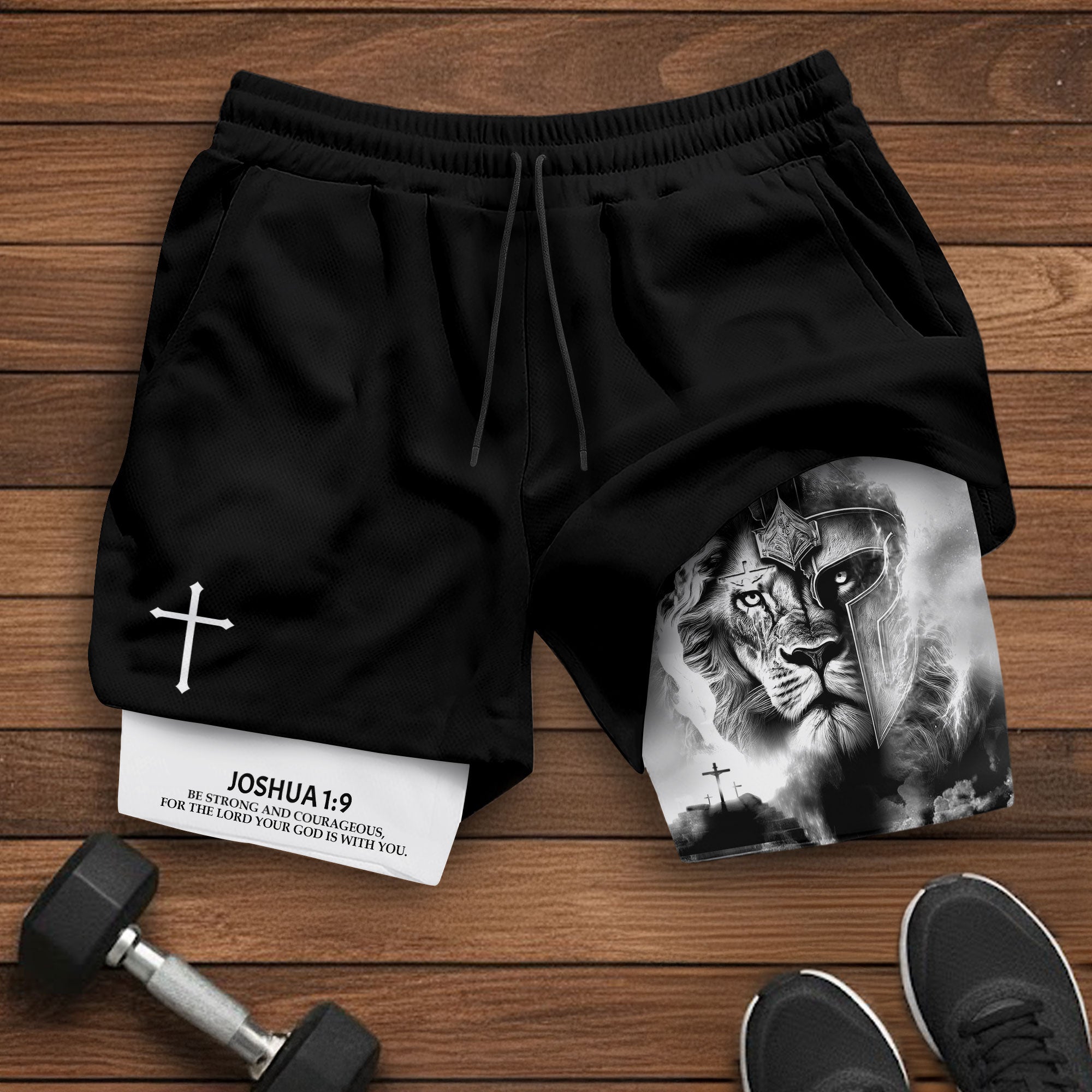 Joshua 1 9 Christian Gym Shorts for Men Lion Warrior Cross Design