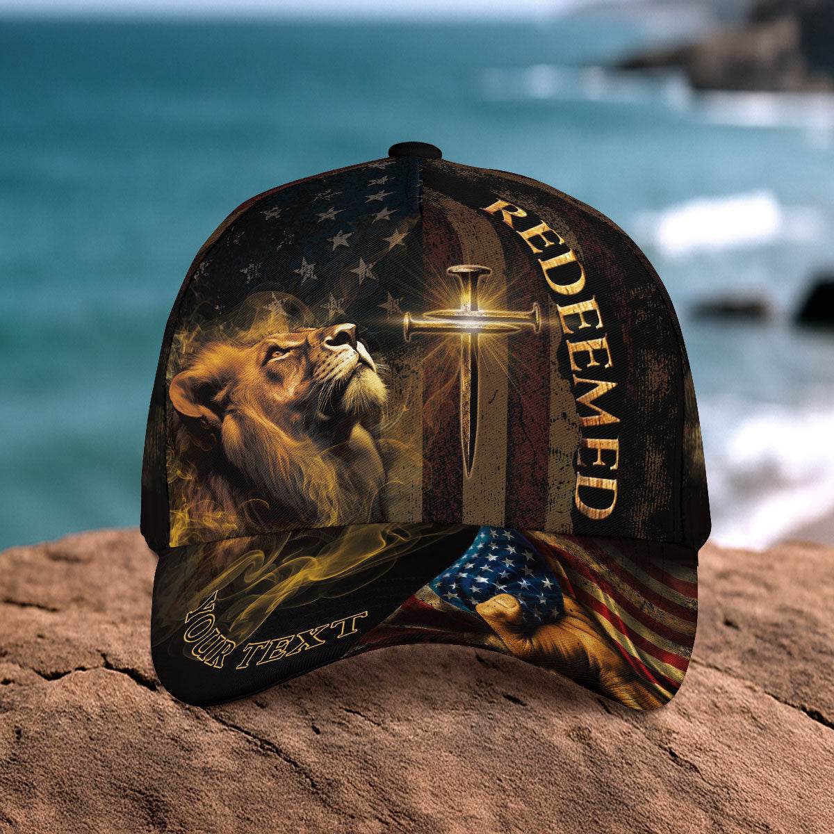 REDEEMED Christian Lion & Sword Hat – American Faith Personalized Edition - Rust Field Wear