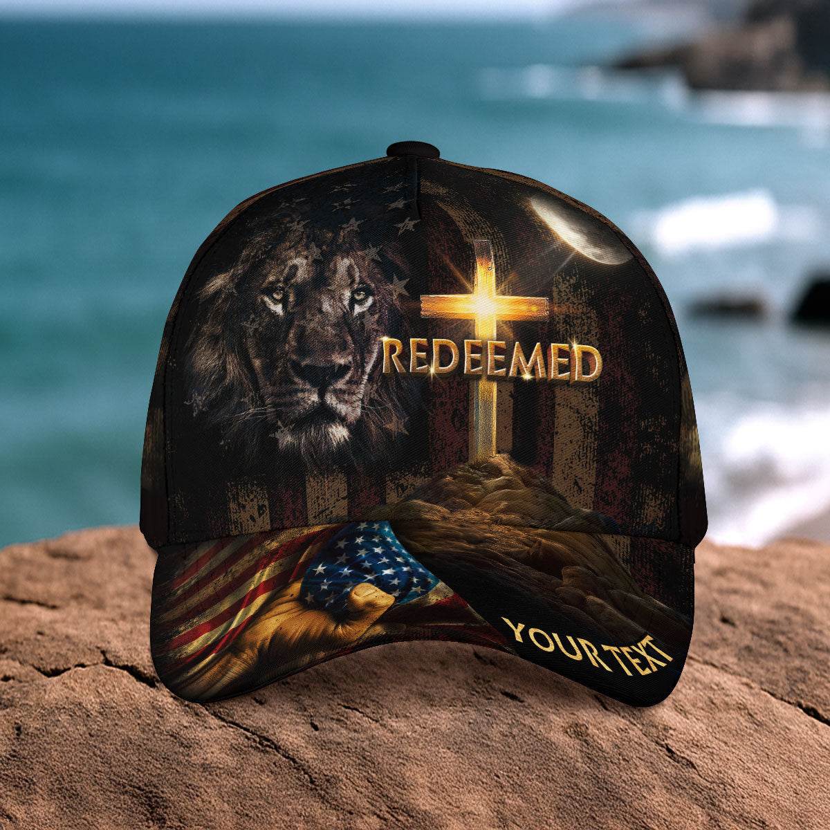 REDEEMED Lion of Judah Cap – Cross & Flag Patriotic Christian Personalized Hat - Rust Field Wear