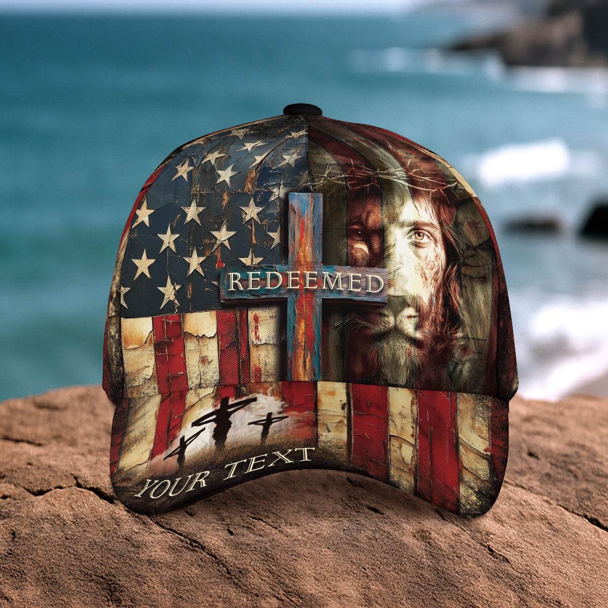 REDEEMED Christian Flag Cap – Jesus Face & Cross Patriotic Personalized Hat - Rust Field Wear