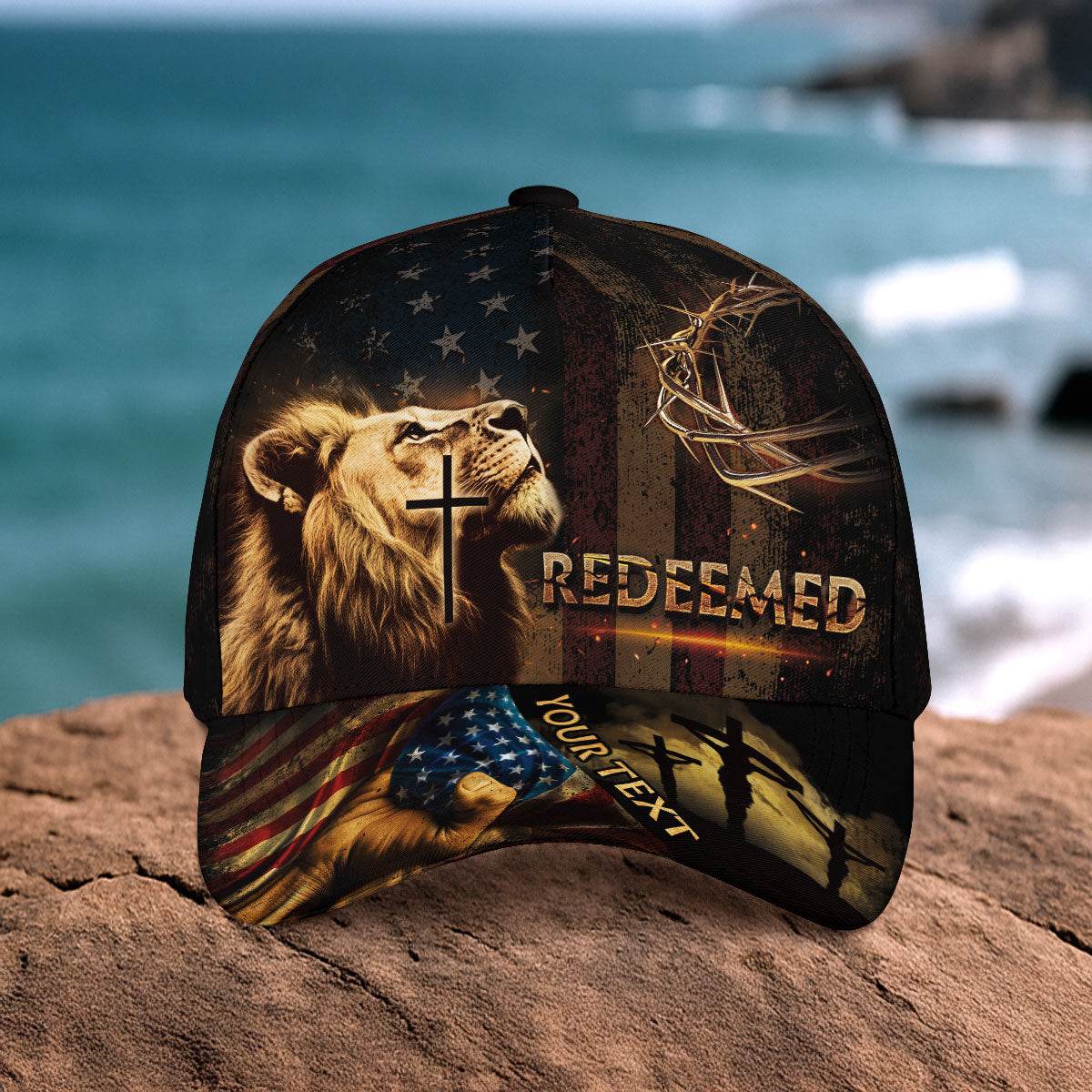 REDEEMED Patriotic Christian Hat – Lion, Cross & Crown of Thorns Personalized Design - Rust Field Wear