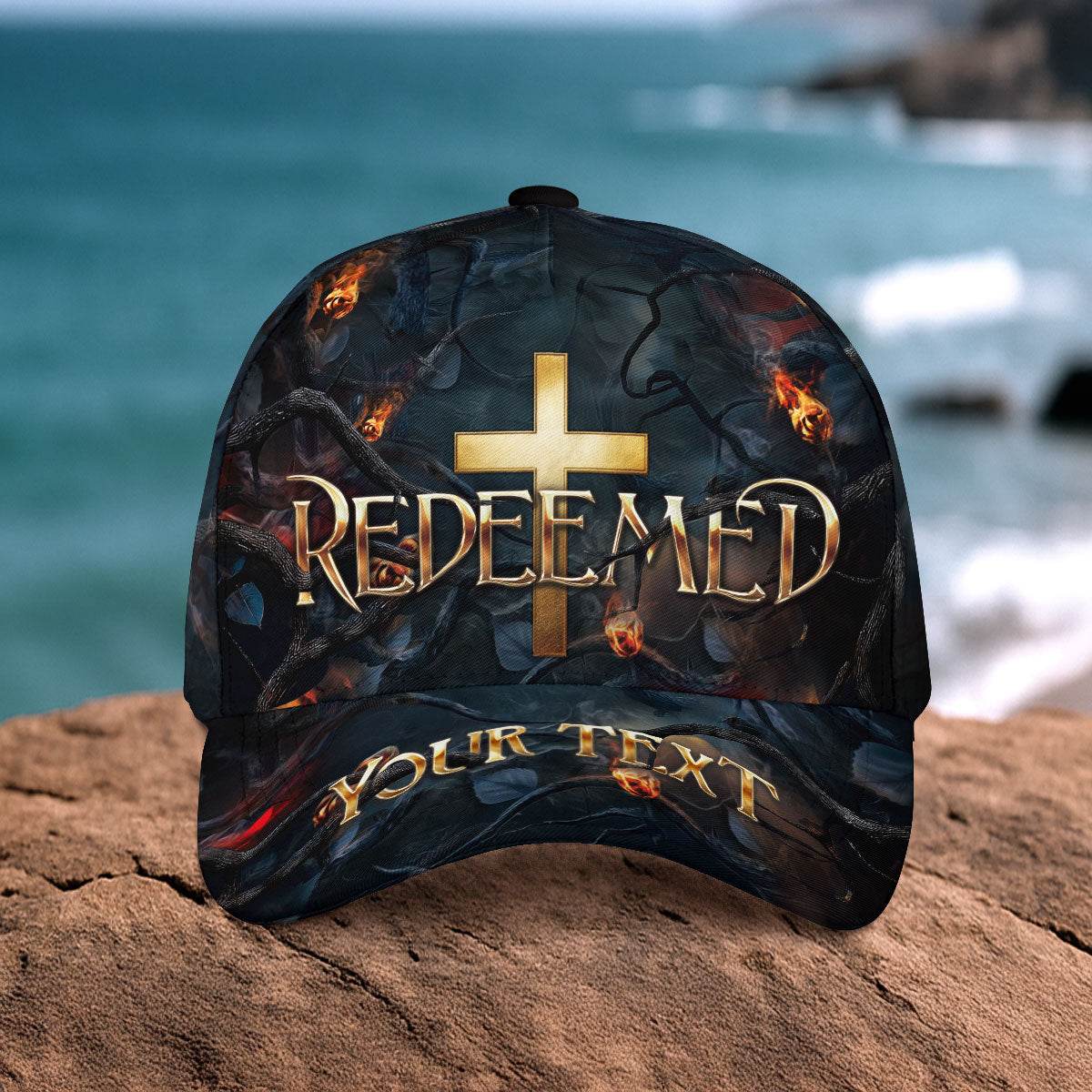 REDEEMED Cross Fire Cap – Bold Christian Statement Hat (Custom Text) - Rust Field Wear