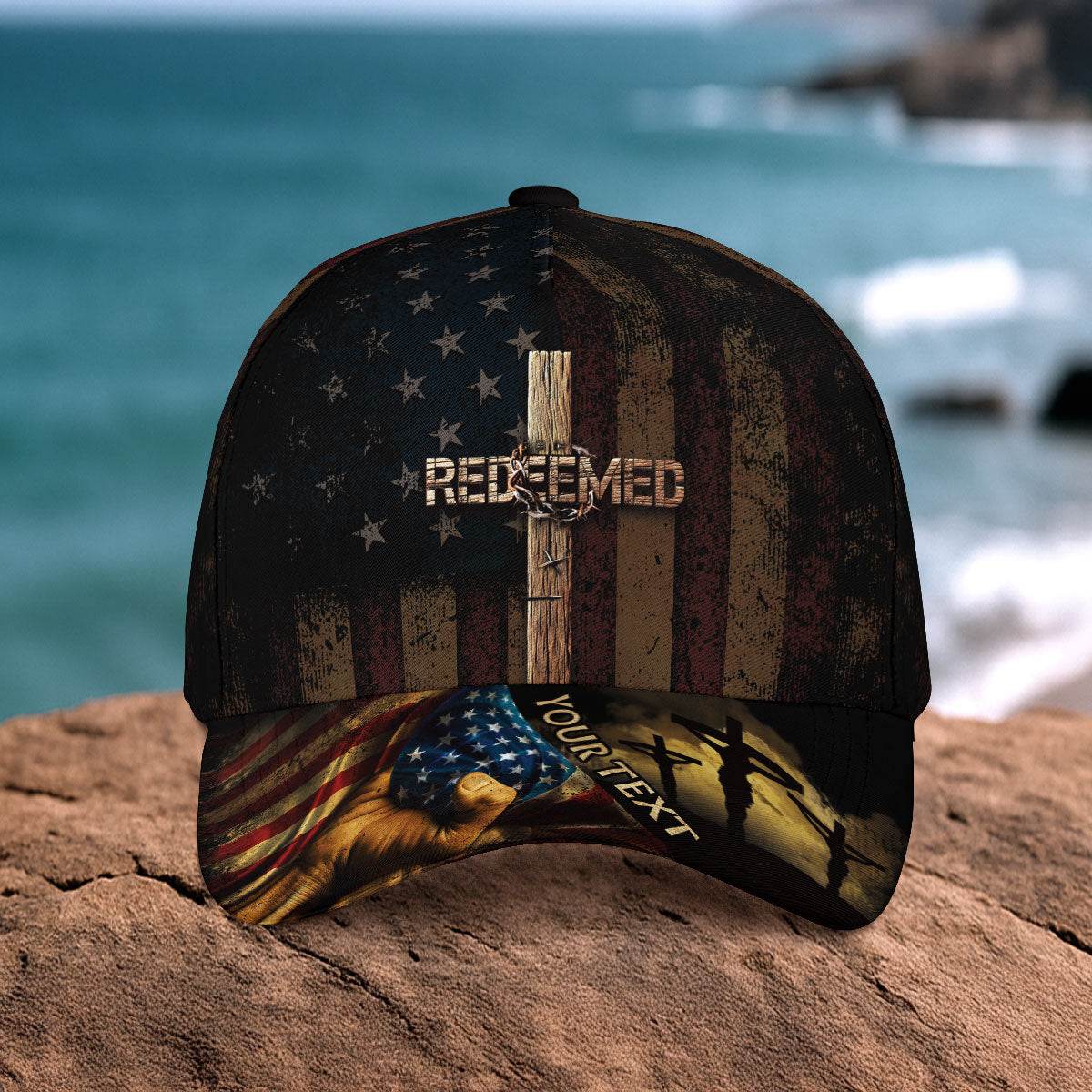 REDEEMED American Flag Cross Cap – Personalized Christian Hat - Rust Field Wear