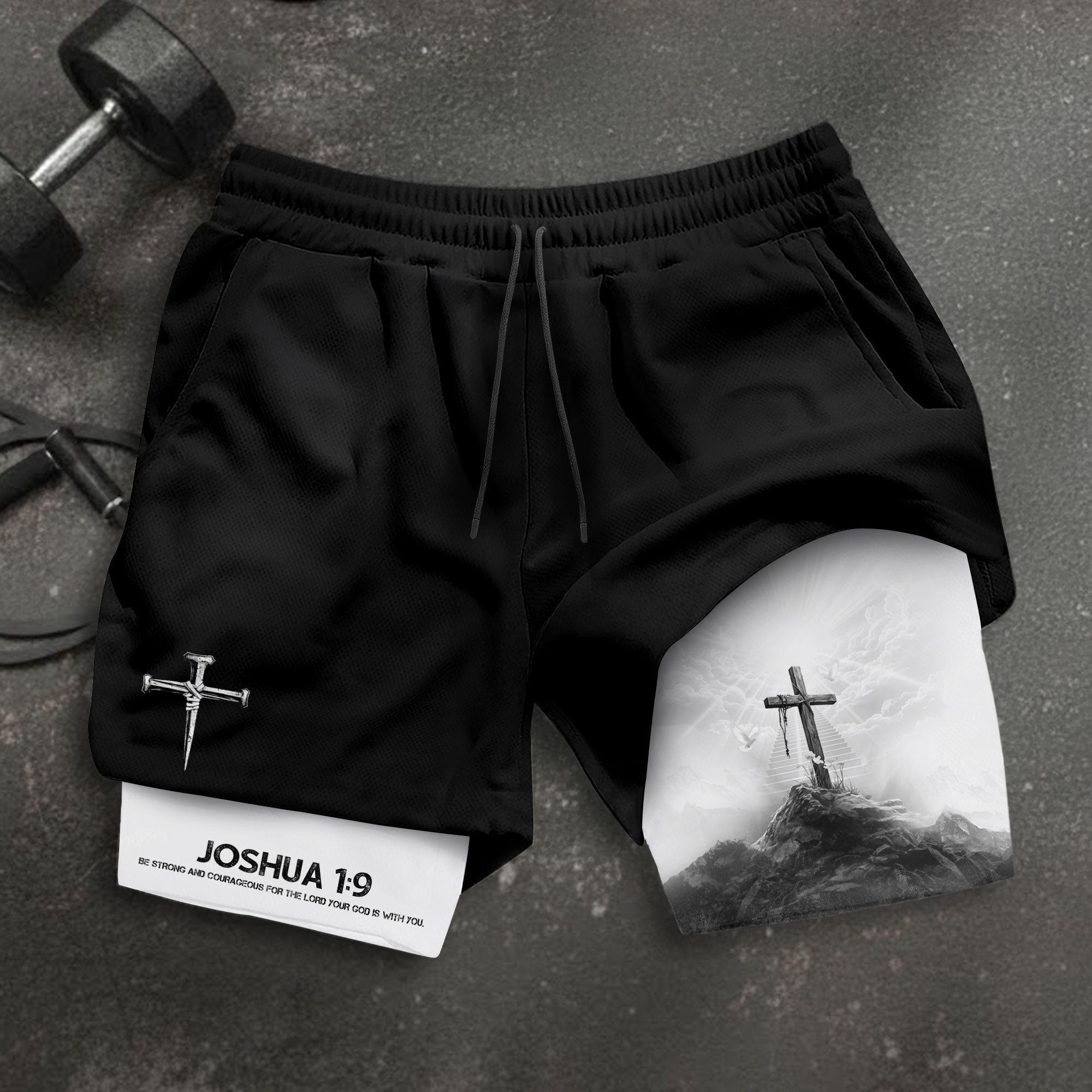 Joshua 1 9 Cross Mountain Christian Gym Shorts Faith Strength