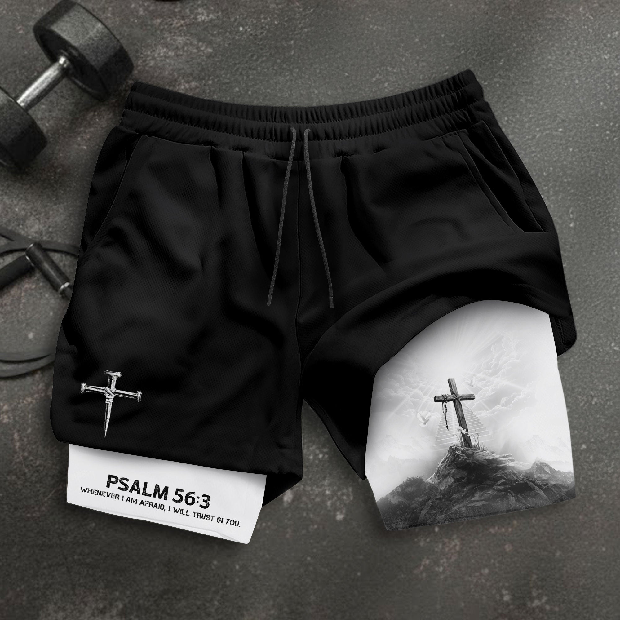Psalm 56 3 Cross on the Mountain Christian Gym Shorts