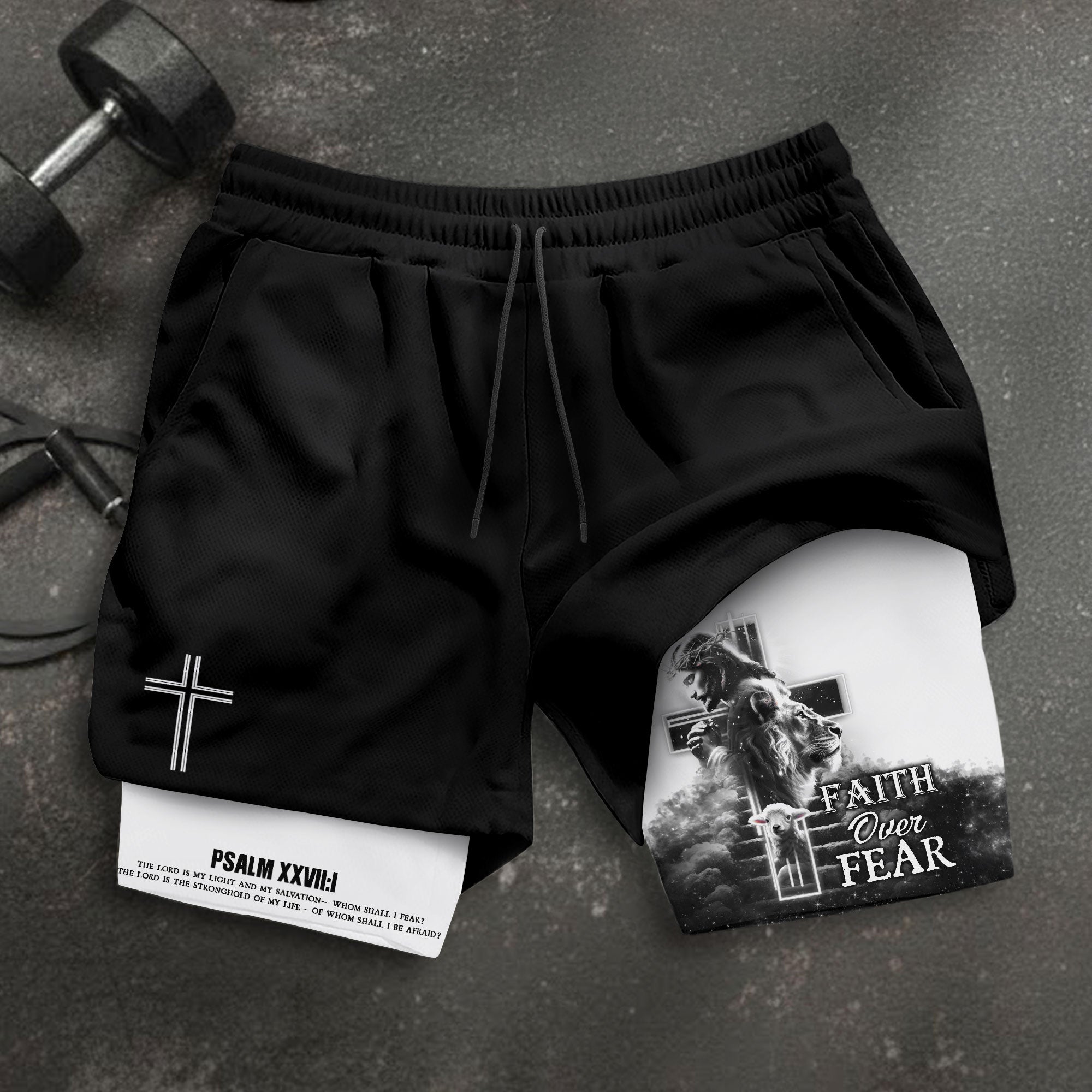 Psalm 27 1 Faith Over Fear Christian Gym Shorts for Men Lion Cross Design