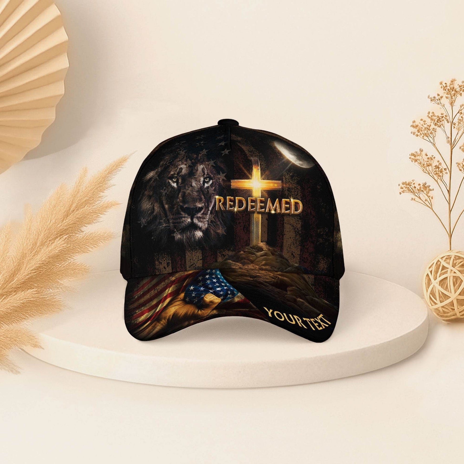 REDEEMED Lion of Judah Cap – Cross & Flag Patriotic Christian Personalized Hat - Rust Field Wear