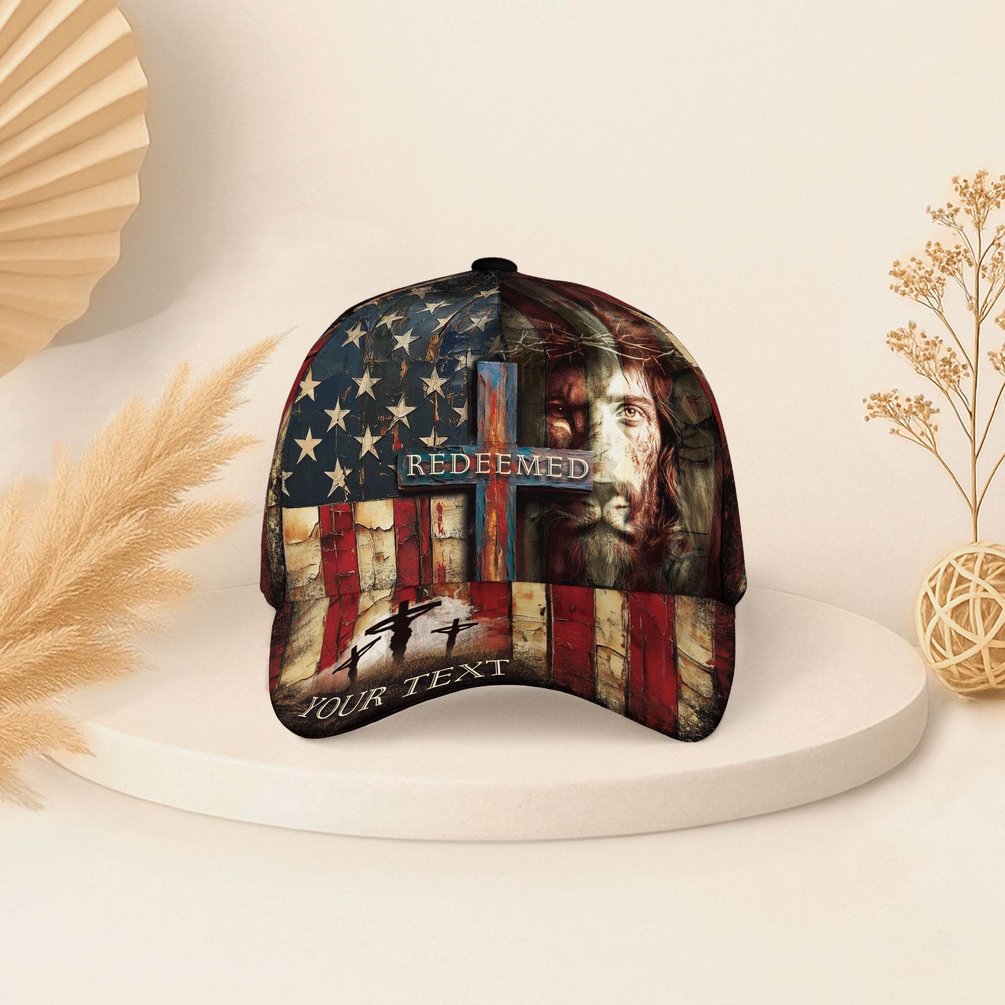REDEEMED Christian Flag Cap – Jesus Face & Cross Patriotic Personalized Hat - Rust Field Wear