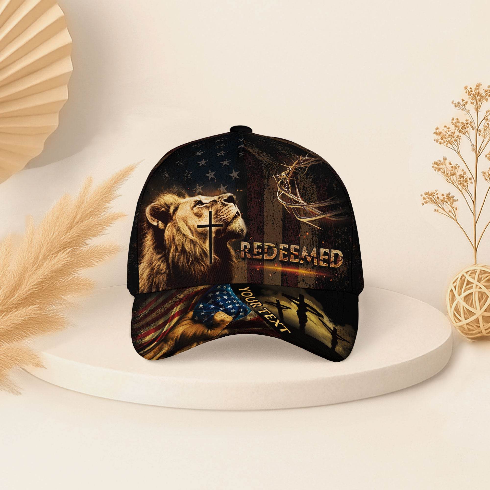 REDEEMED Patriotic Christian Hat – Lion, Cross & Crown of Thorns Personalized Design - Rust Field Wear