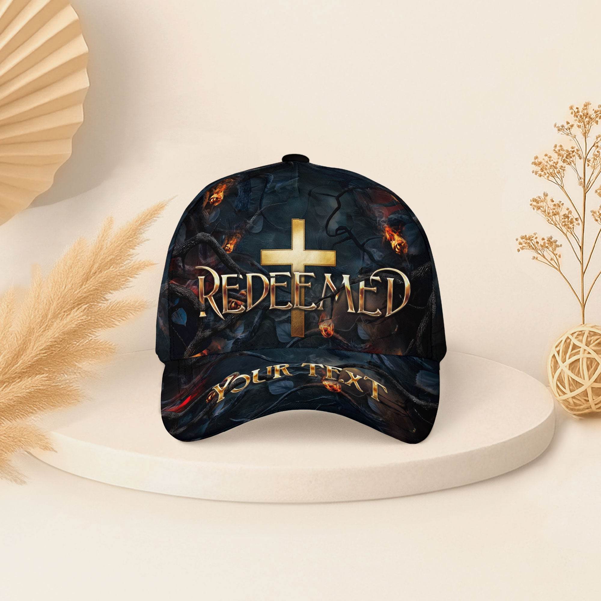 REDEEMED Cross Fire Cap – Bold Christian Statement Hat (Custom Text) - Rust Field Wear
