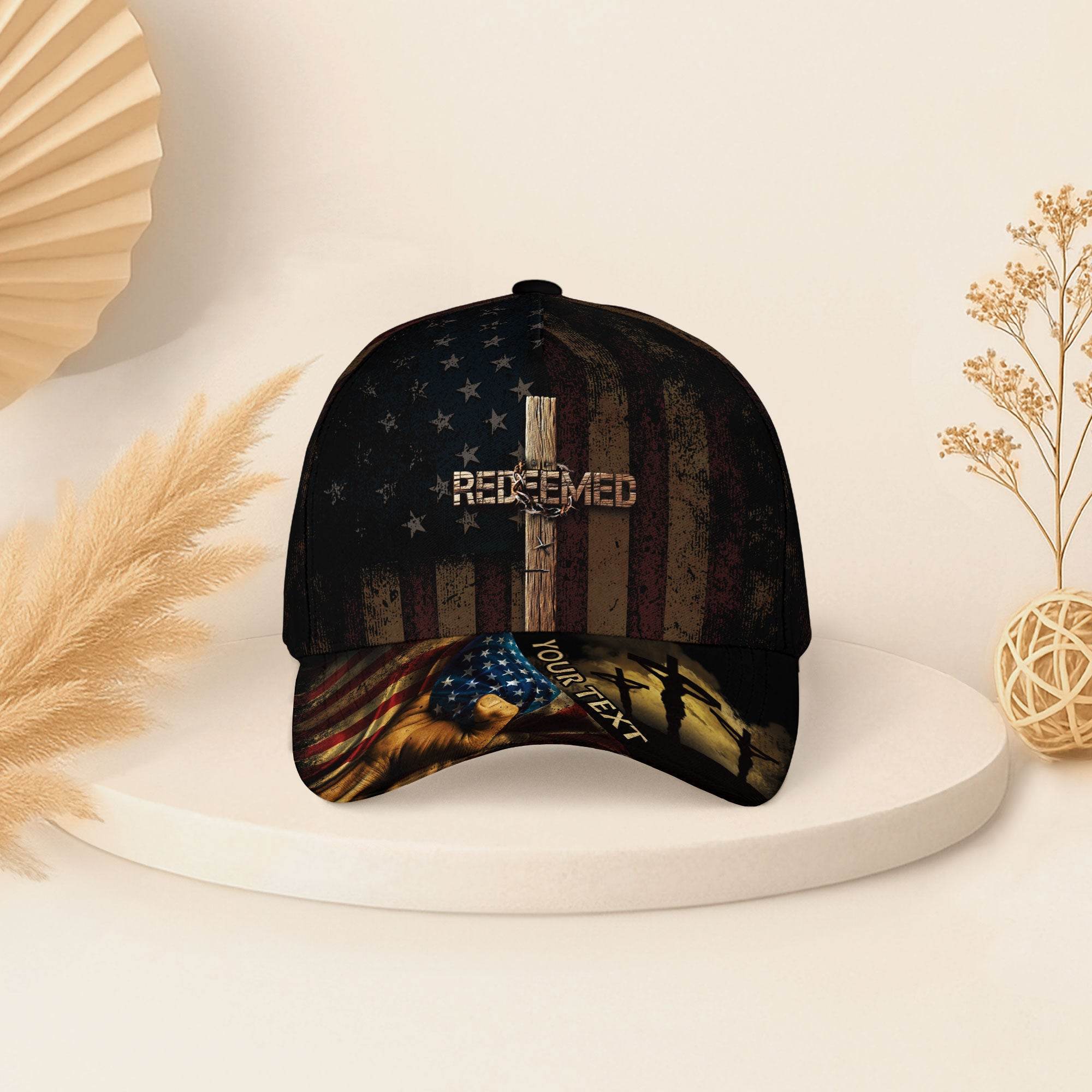 REDEEMED American Flag Cross Cap – Personalized Christian Hat - Rust Field Wear