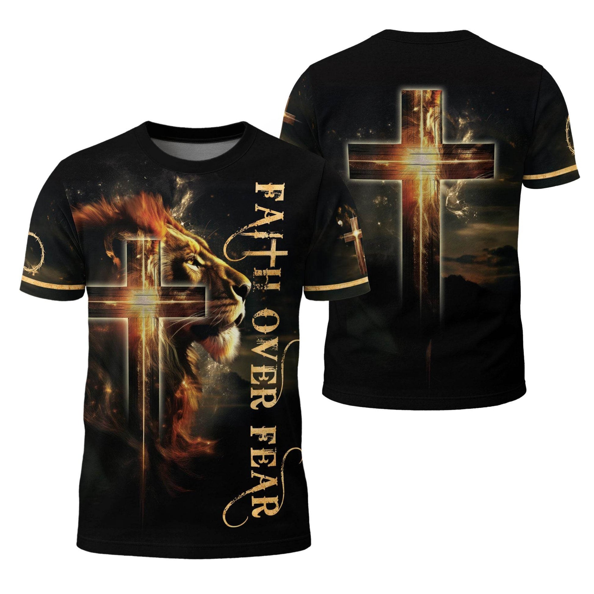 Faith Over Fear Lion and Cross Double-Sided Christian T-Shirt - Rust Field Wear