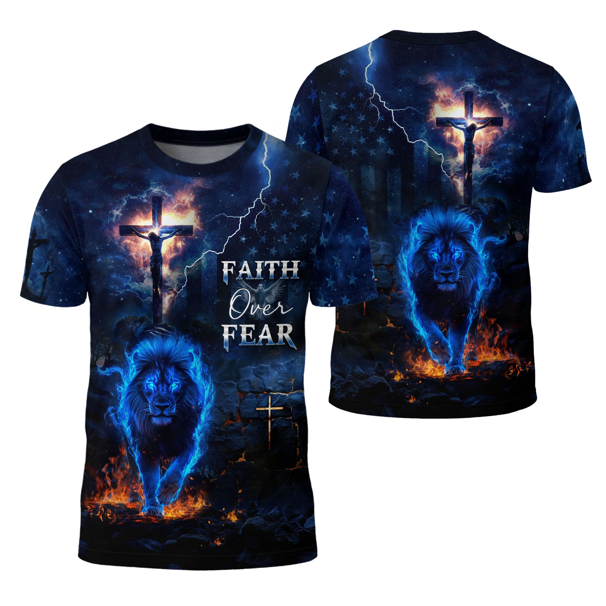 Faith Over Fear Blue Fire Lion And Crucifixion T-Shirt