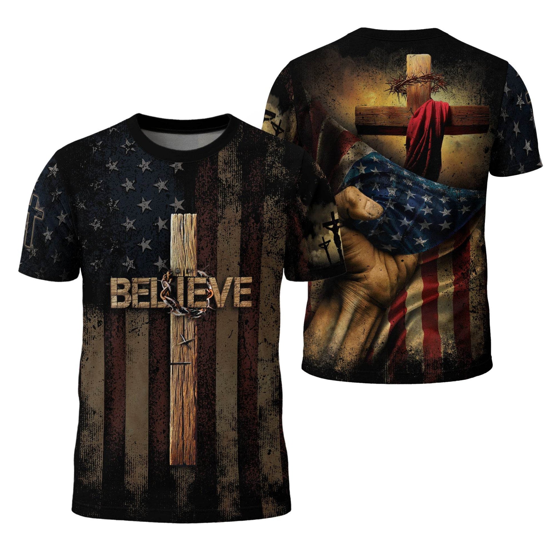 Believe in the Cross | American Christian Faith Tee with Crucified Savior - Rust Field Wear