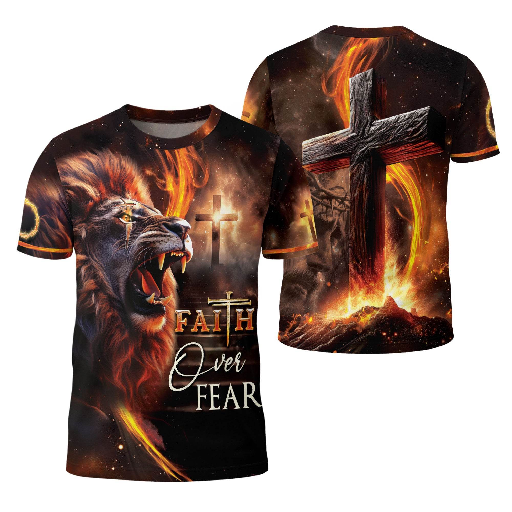 Faith Over Fear Fiery Lion & Cross Christian T-Shirt - Rust Field Wear