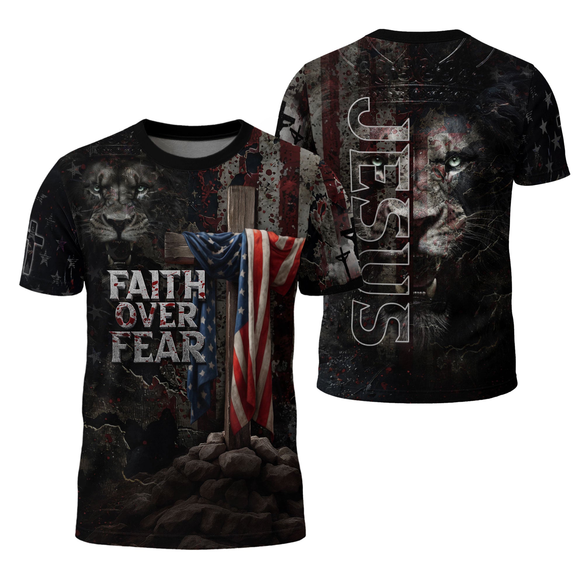 Faith Over Fear American Flag Cross Jesus Lion Of Judah Christian Patriotic T-Shirt