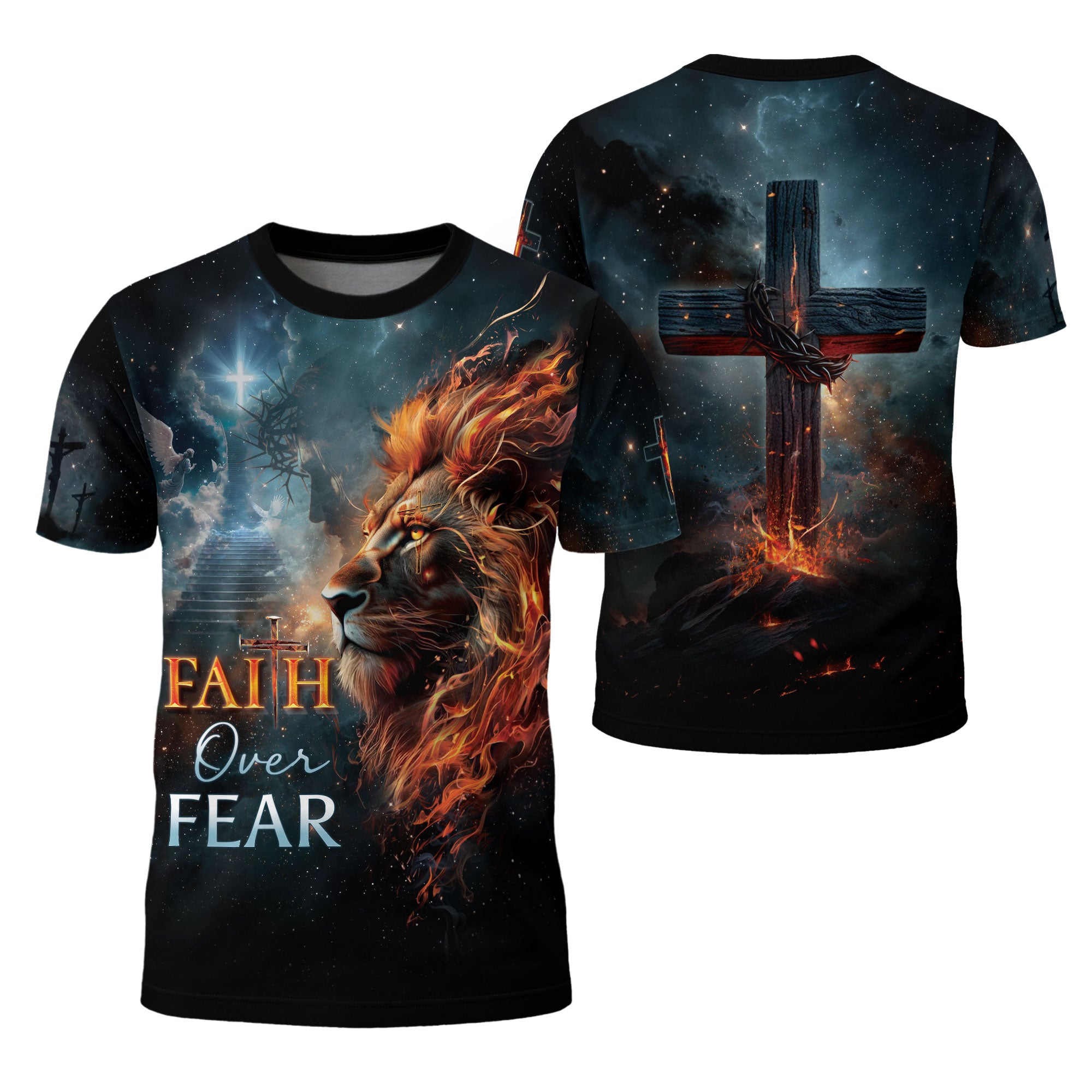 Faith Over Fear Christian T-Shirt Lion Cross Fire Galaxy Design
