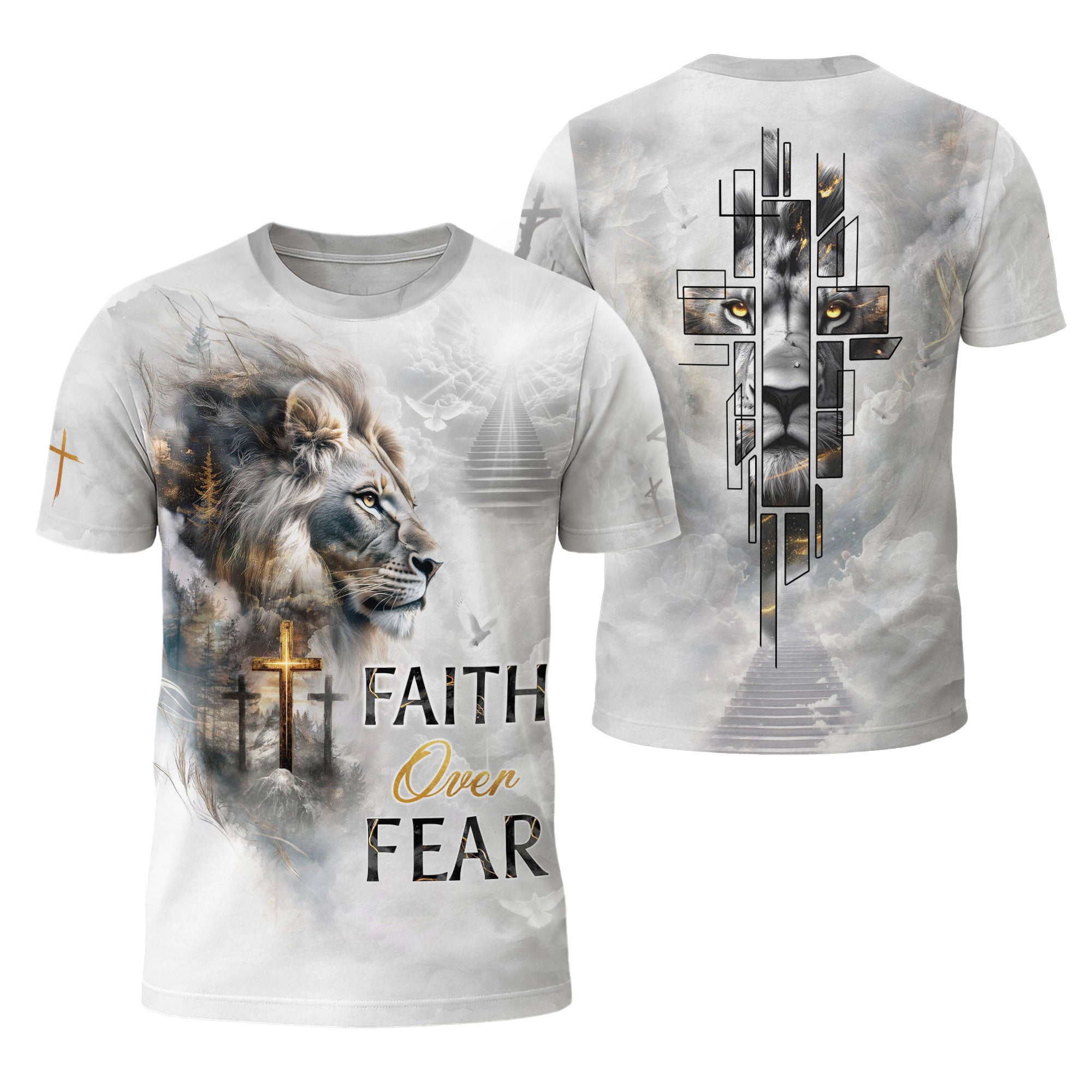 Faith Over Fear Christian T-Shirt Lion Cross White Heaven Design