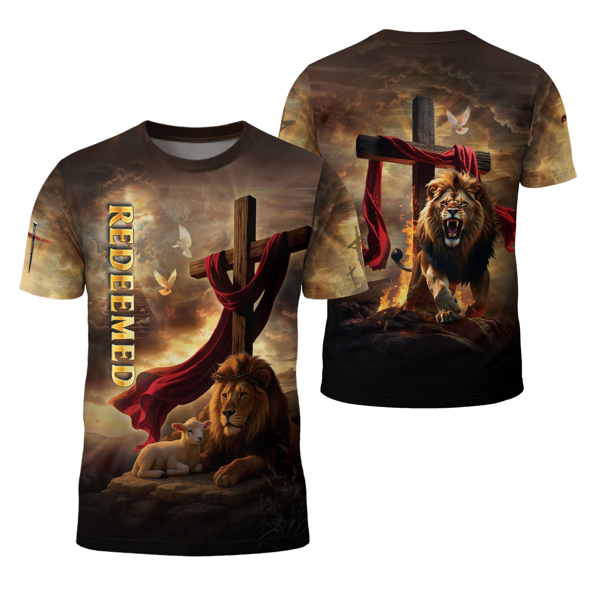 Redeemed Christian T-Shirt Lion Cross Lamb Faith Design