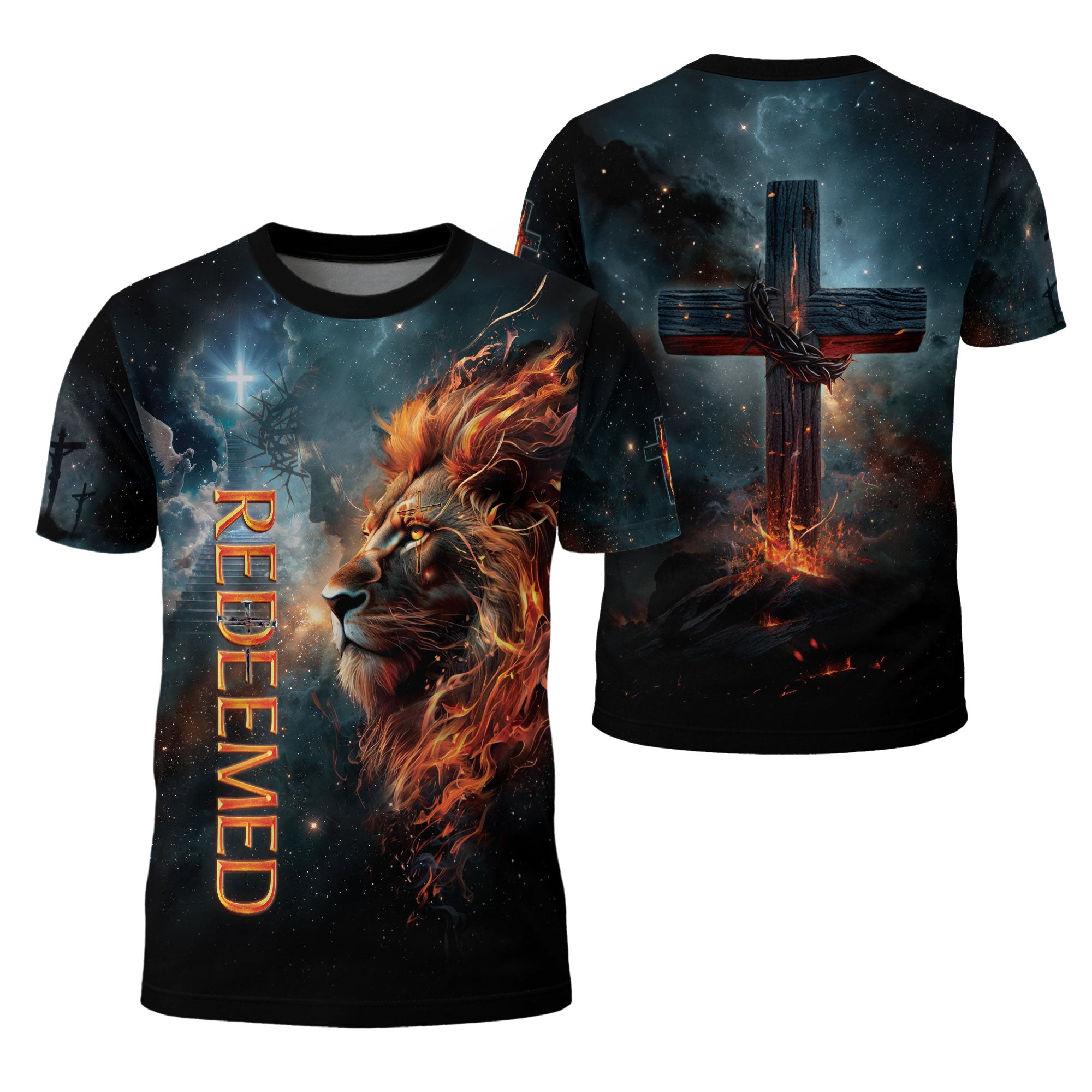 Redeemed Christian T-Shirt Lion Cross Fire Galaxy Design