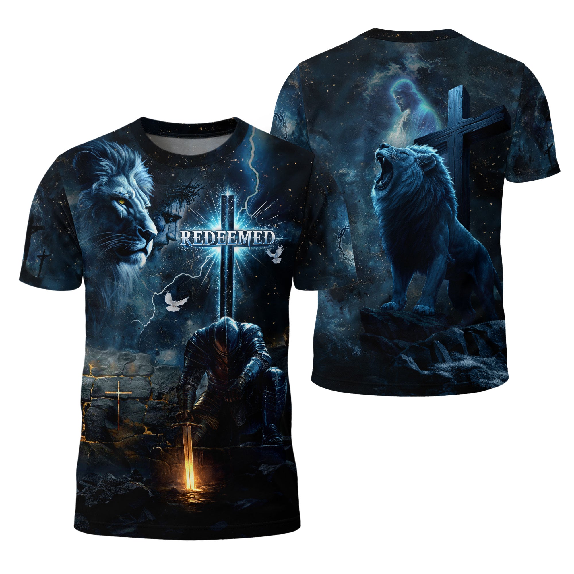 Redeemed Christian T-Shirt Lion Warrior Cross Blue Night Design