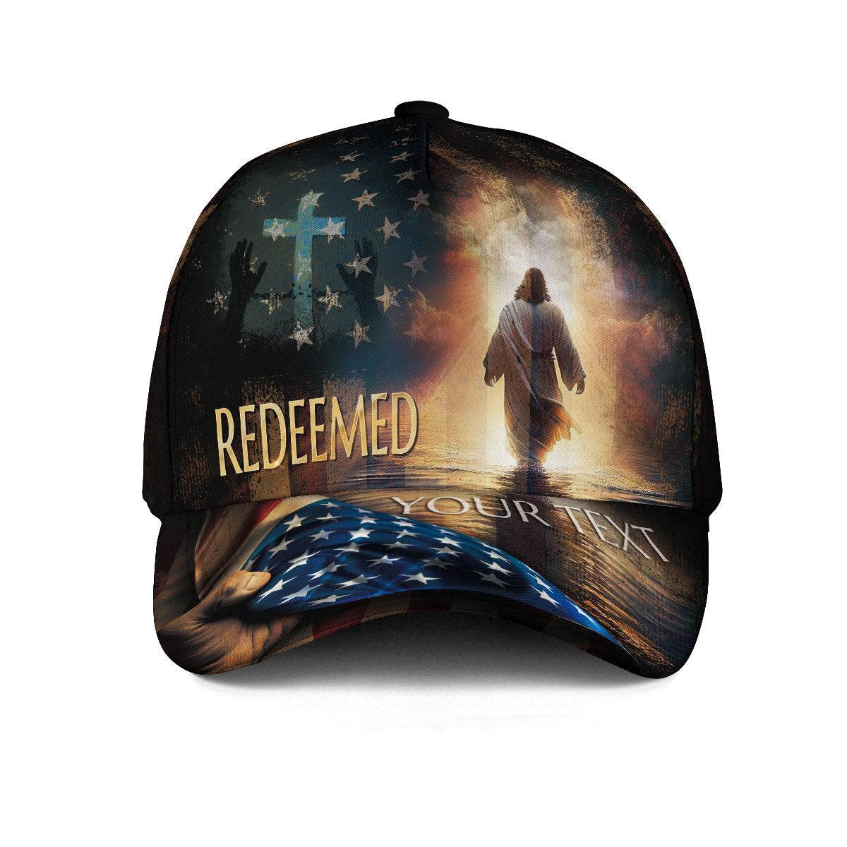 Redeemed in His Light – Christian Jesus Cross Custom Cap with American Flag - Rust Field Wear