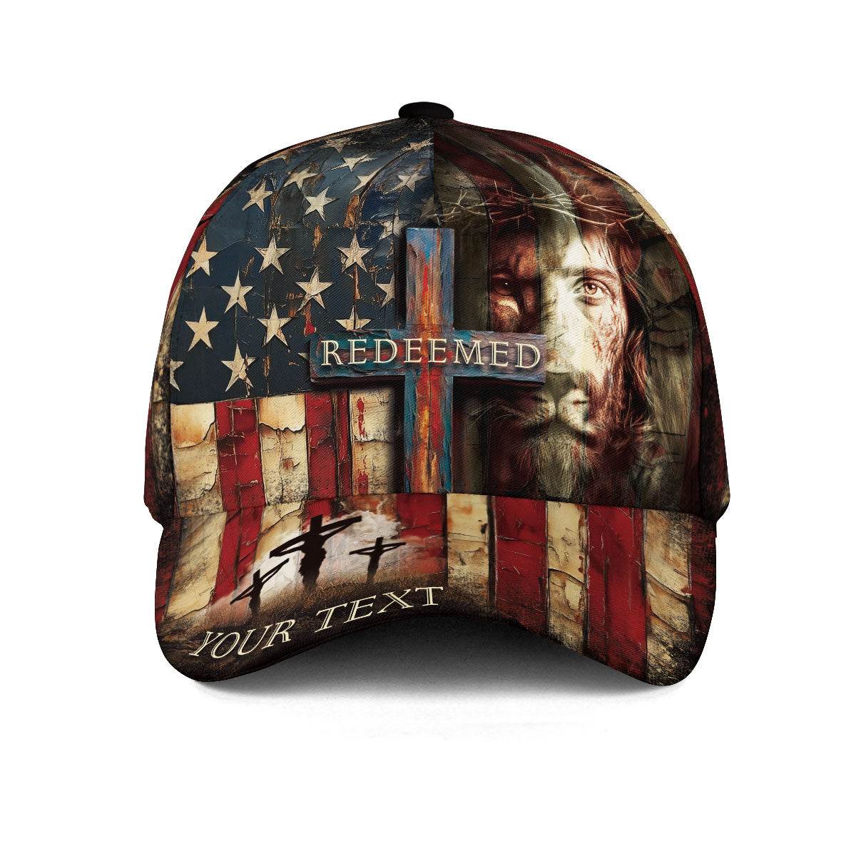 REDEEMED Christian Flag Cap – Jesus Face & Cross Patriotic Personalized Hat - Rust Field Wear