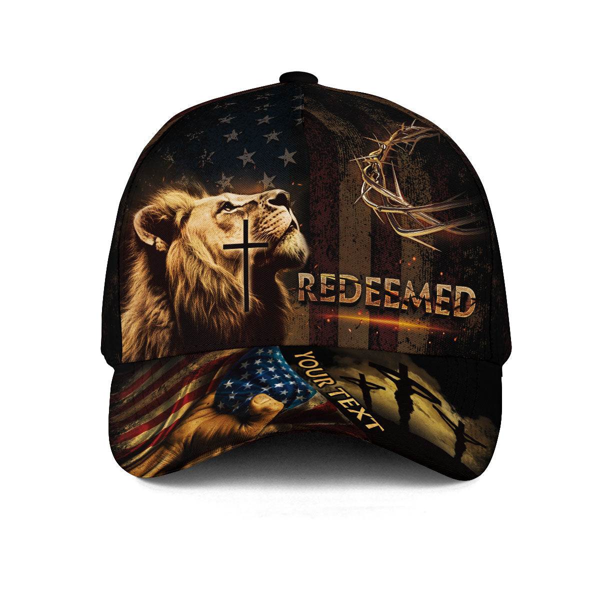 REDEEMED Patriotic Christian Hat – Lion, Cross & Crown of Thorns Personalized Design - Rust Field Wear
