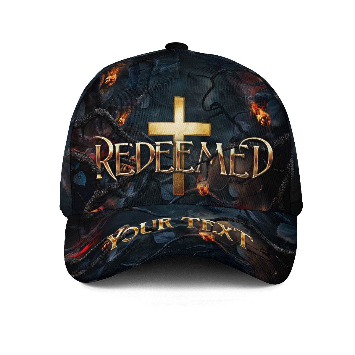 REDEEMED Cross Fire Cap – Bold Christian Statement Hat (Custom Text) - Rust Field Wear