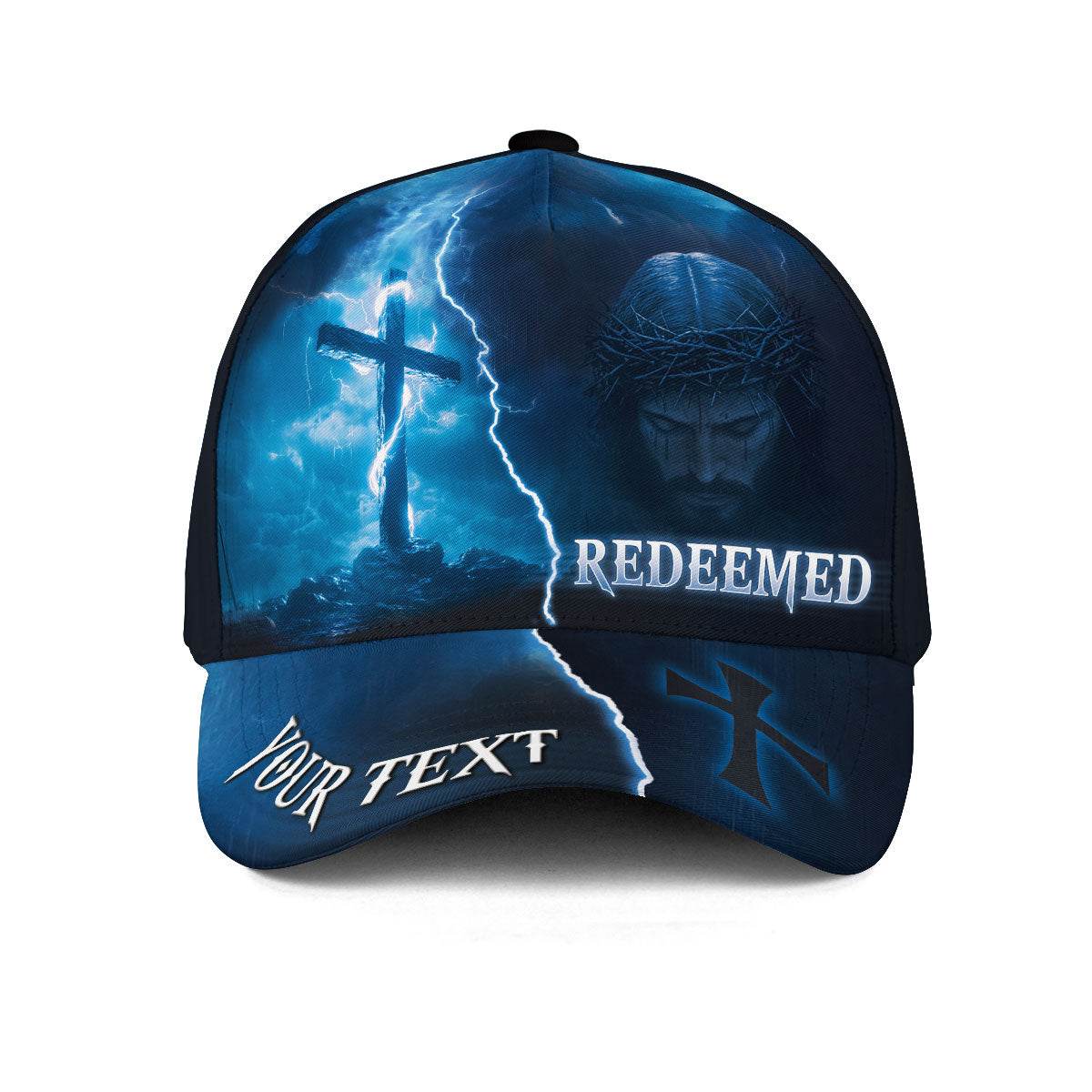 REDEEMED Cross & Christ Cap – Stormy Blue Christian Hat with Custom Text - Rust Field Wear