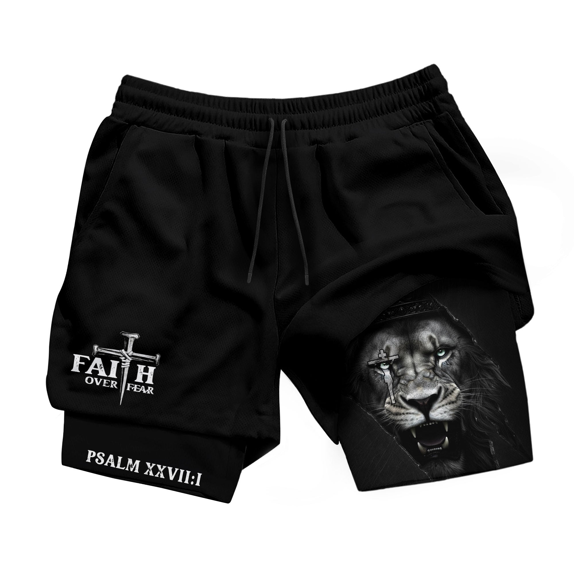 Psalm 27 1 Faith Over Fear Christian Gym Shorts Lion Cross Design