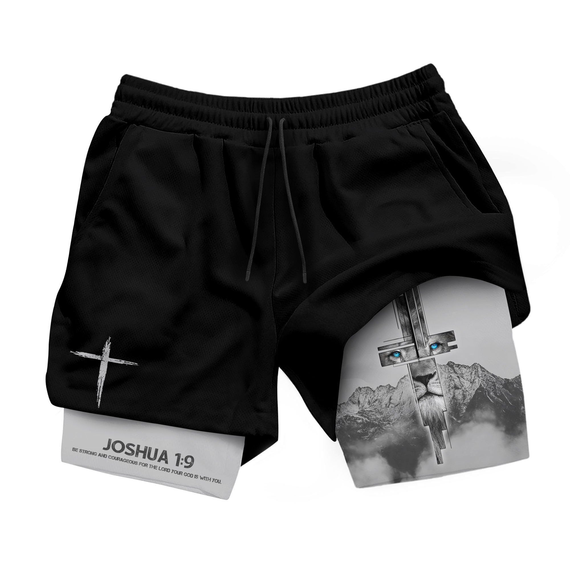 Joshua 1 9 Lion Cross Mountain Christian Gym Shorts Faith Strength