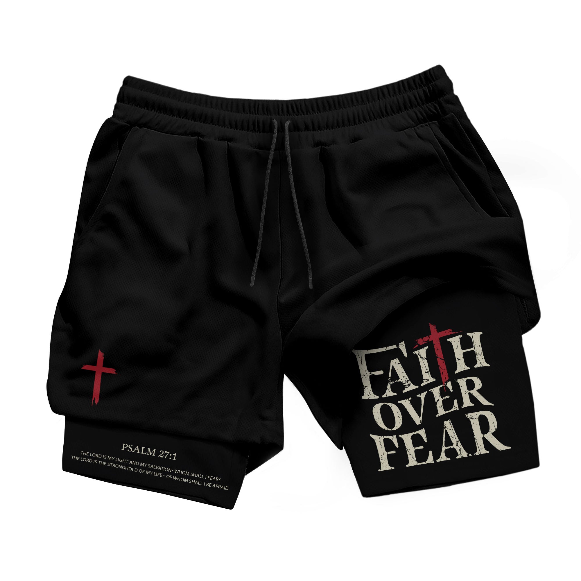 Faith Over Fear Christian Gym Shorts for Men Psalm 27 1 Red Cross