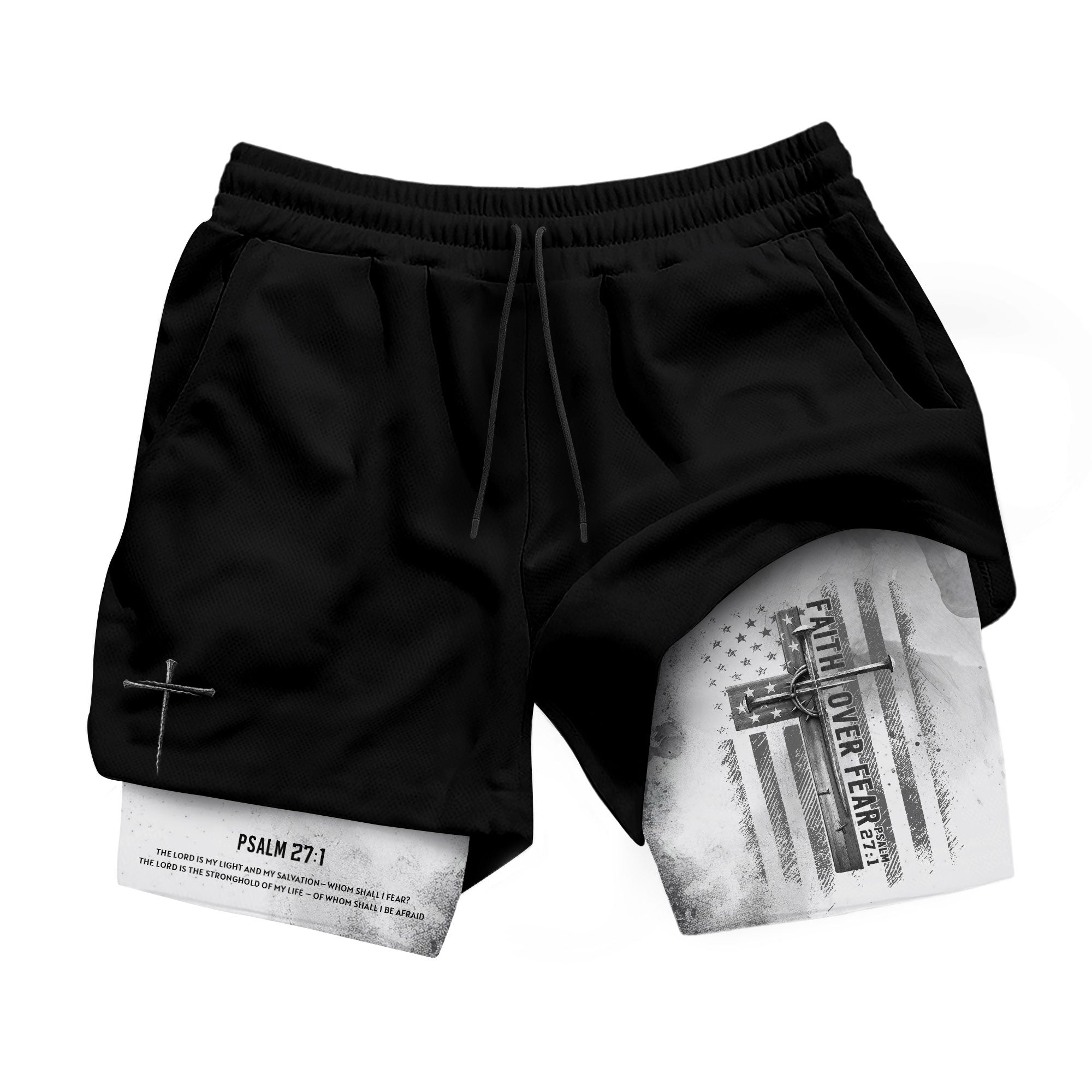 Faith Over Fear Christian Gym Shorts for Men Psalm 27 1 White Flag Cross