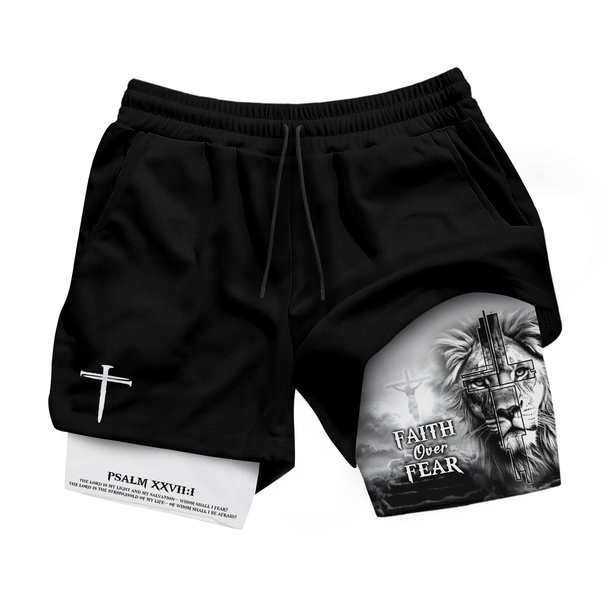 Faith Over Fear Psalm 27 1 Lion Cross Design Christian Gym Shorts