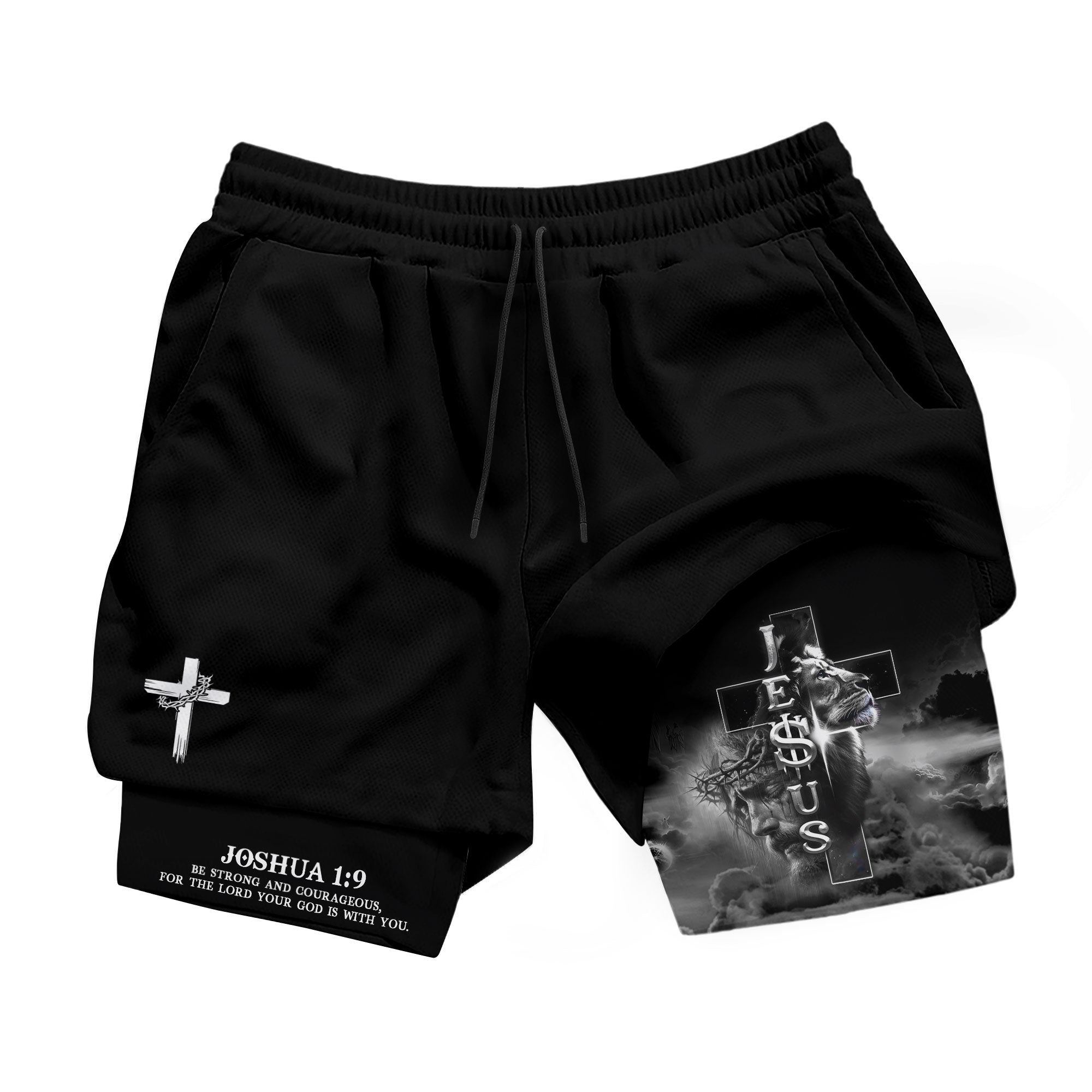 Joshua 1 9 Christian Gym Shorts for Men Jesus Lion Cross Design