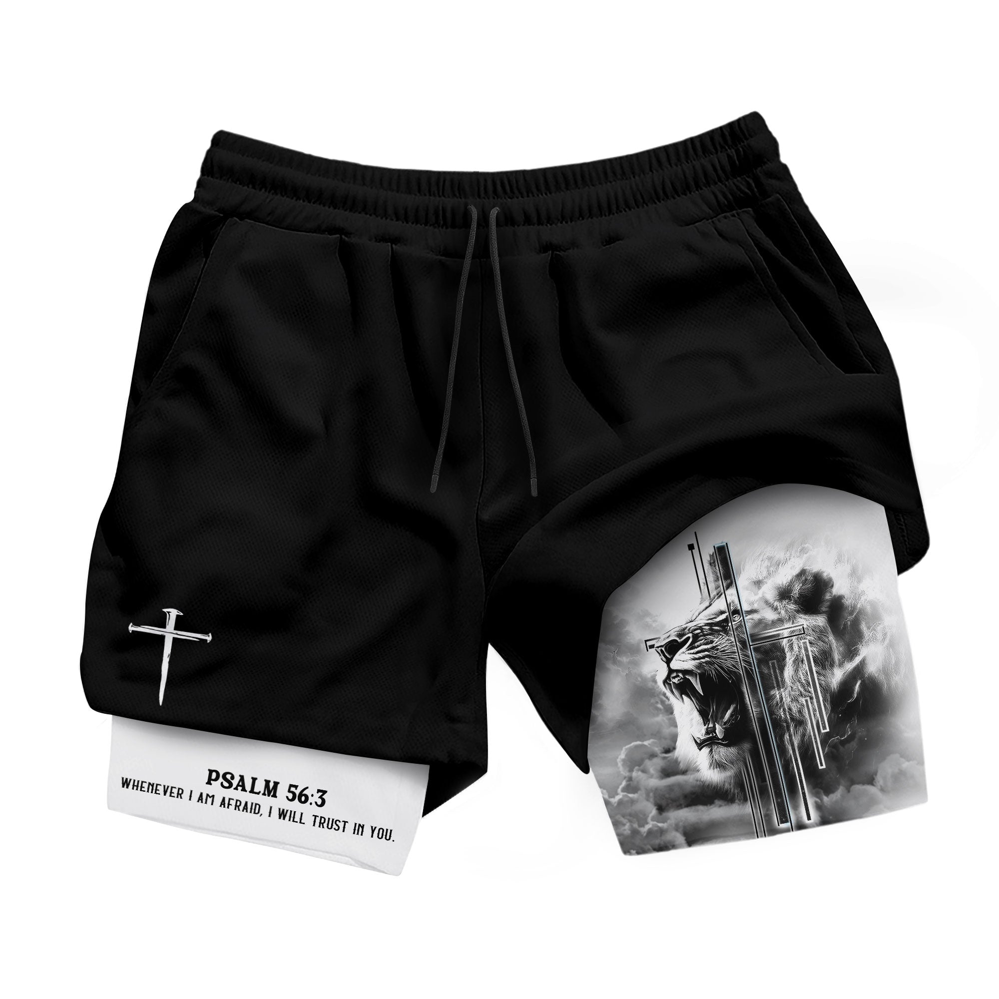 Psalm 56 3 Christian Gym Shorts for Men Fearless Lion Cross Design