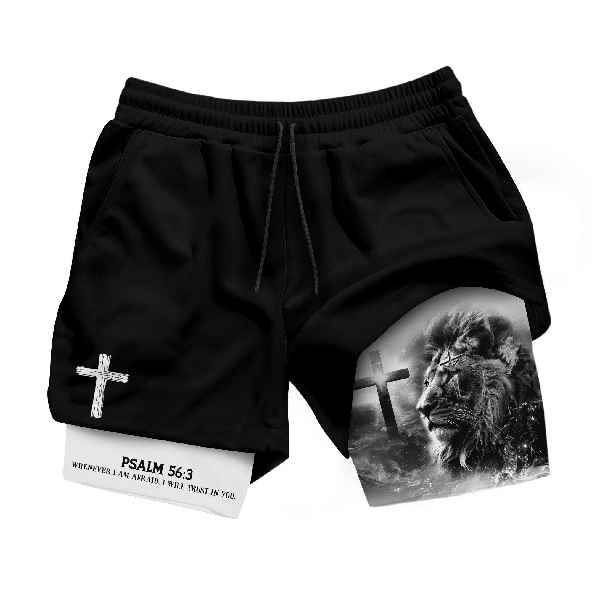 Psalm 56 3 Christian Gym Shorts for Men Lion of Judah Cross Design