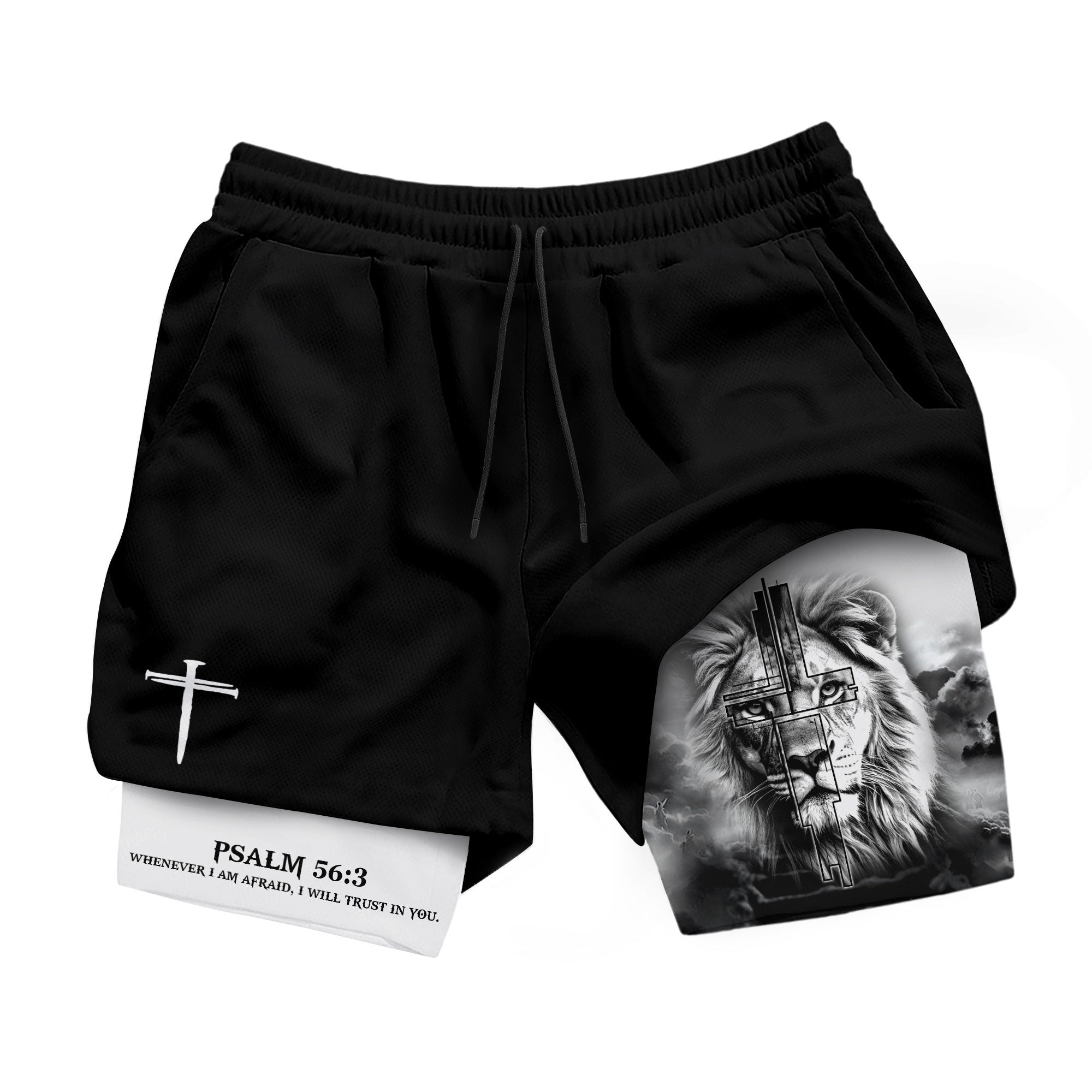 Psalm 56 3 Christian Gym Shorts for Men Trust in God Lion Cross Design