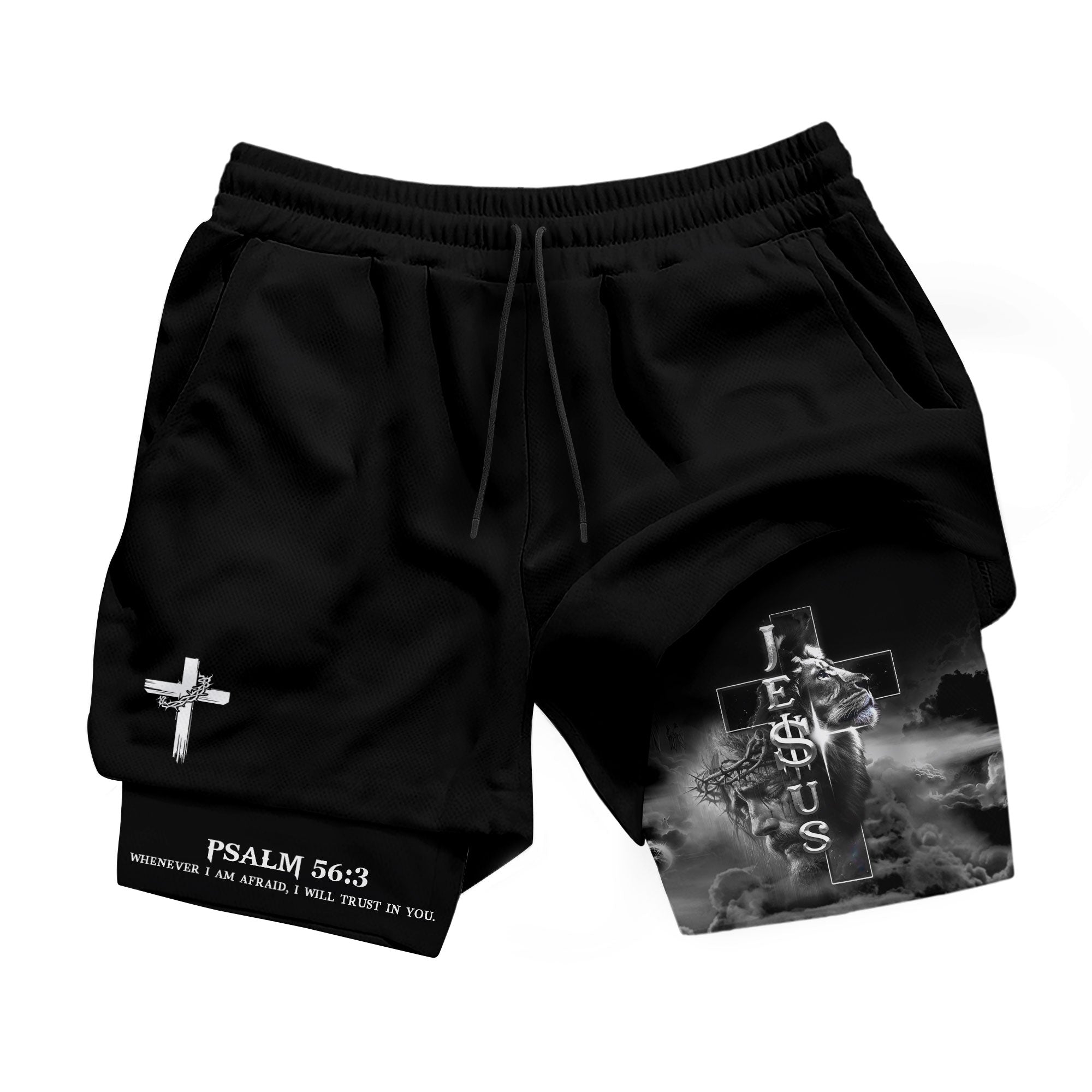 Psalm 56 3 Christian Gym Shorts for Men Jesus Cross Lion Design