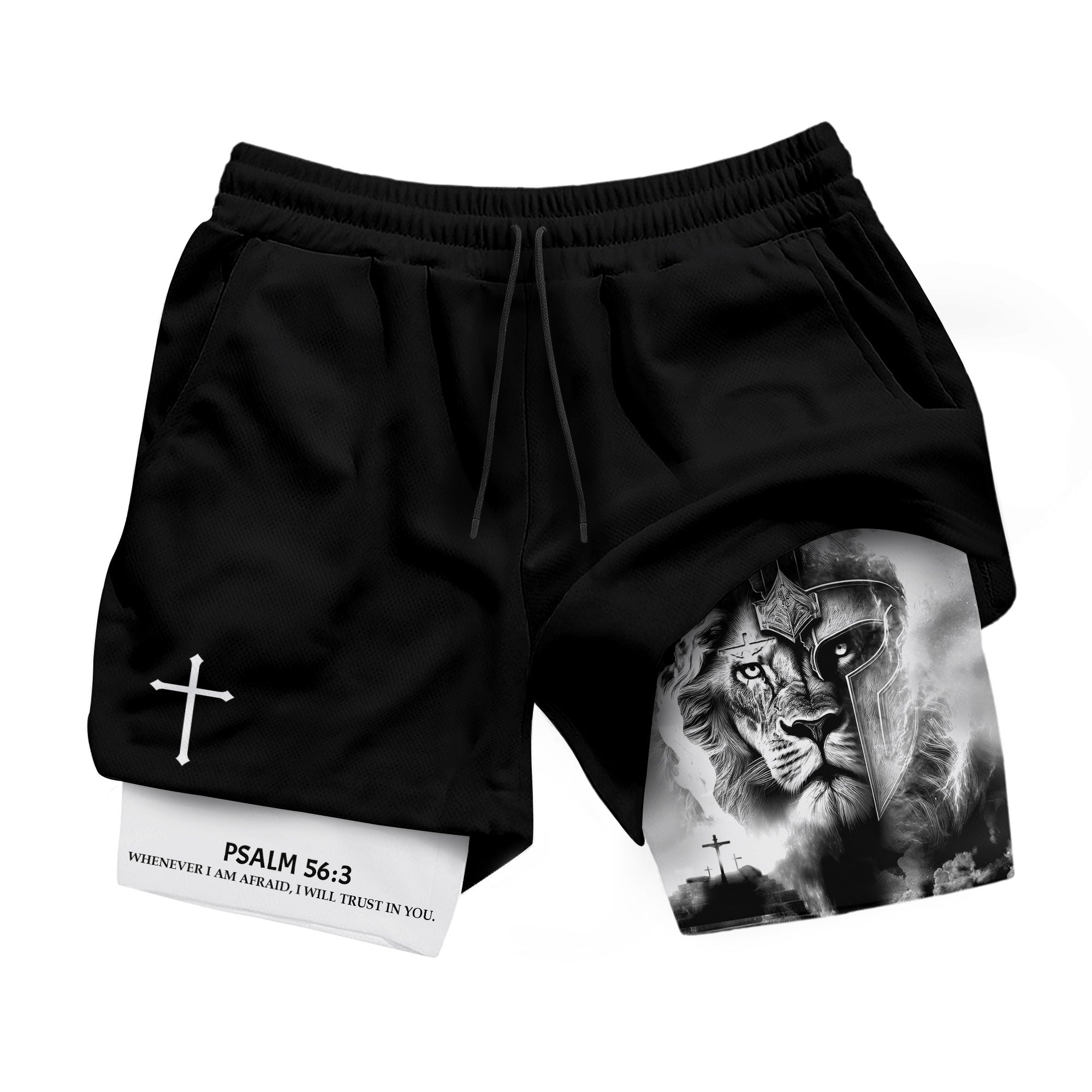 Psalm 56 3 Christian Gym Shorts for Men Lion Armor Cross Design