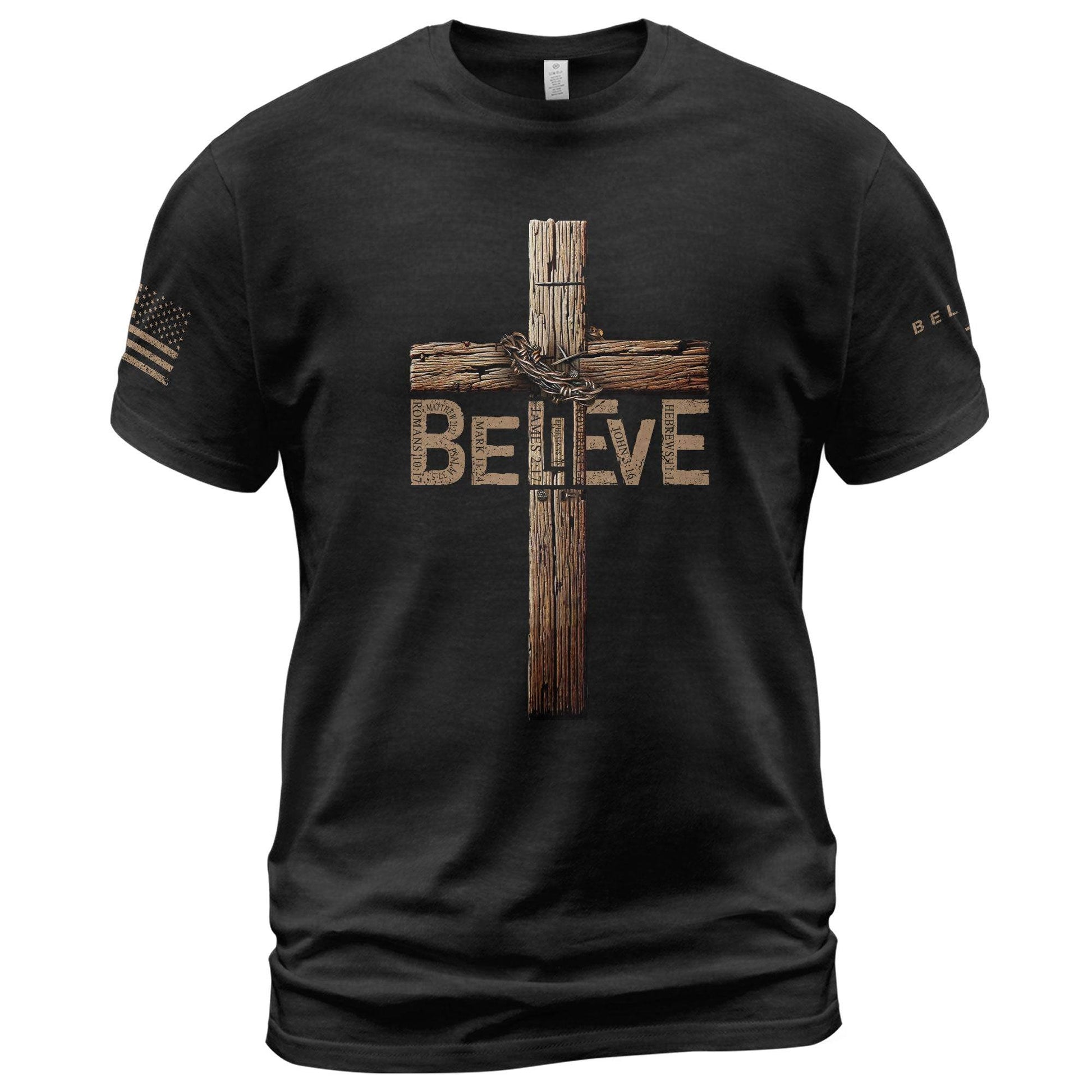 Believe In The Cross – Rustic Wood Christian T-shirt - Rust Field Wear