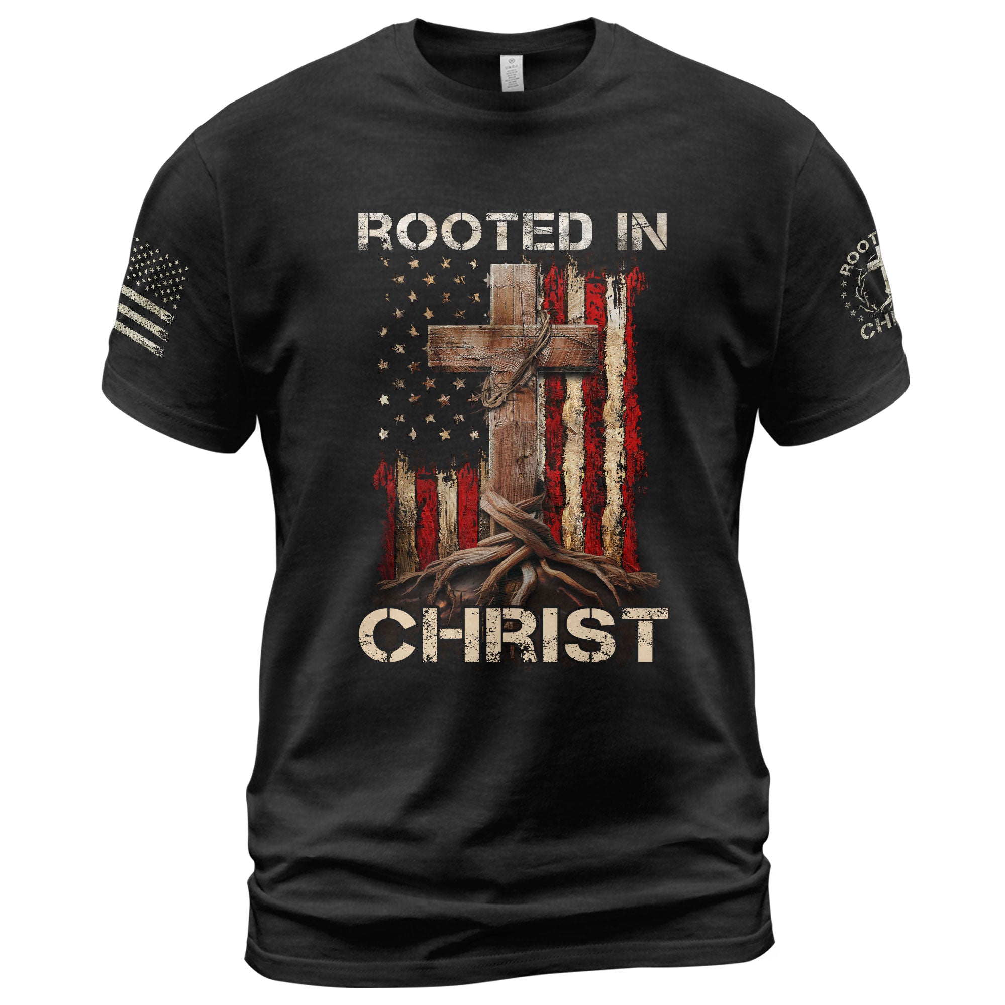 Rooted In Christ American Flag Cross T-Shirt