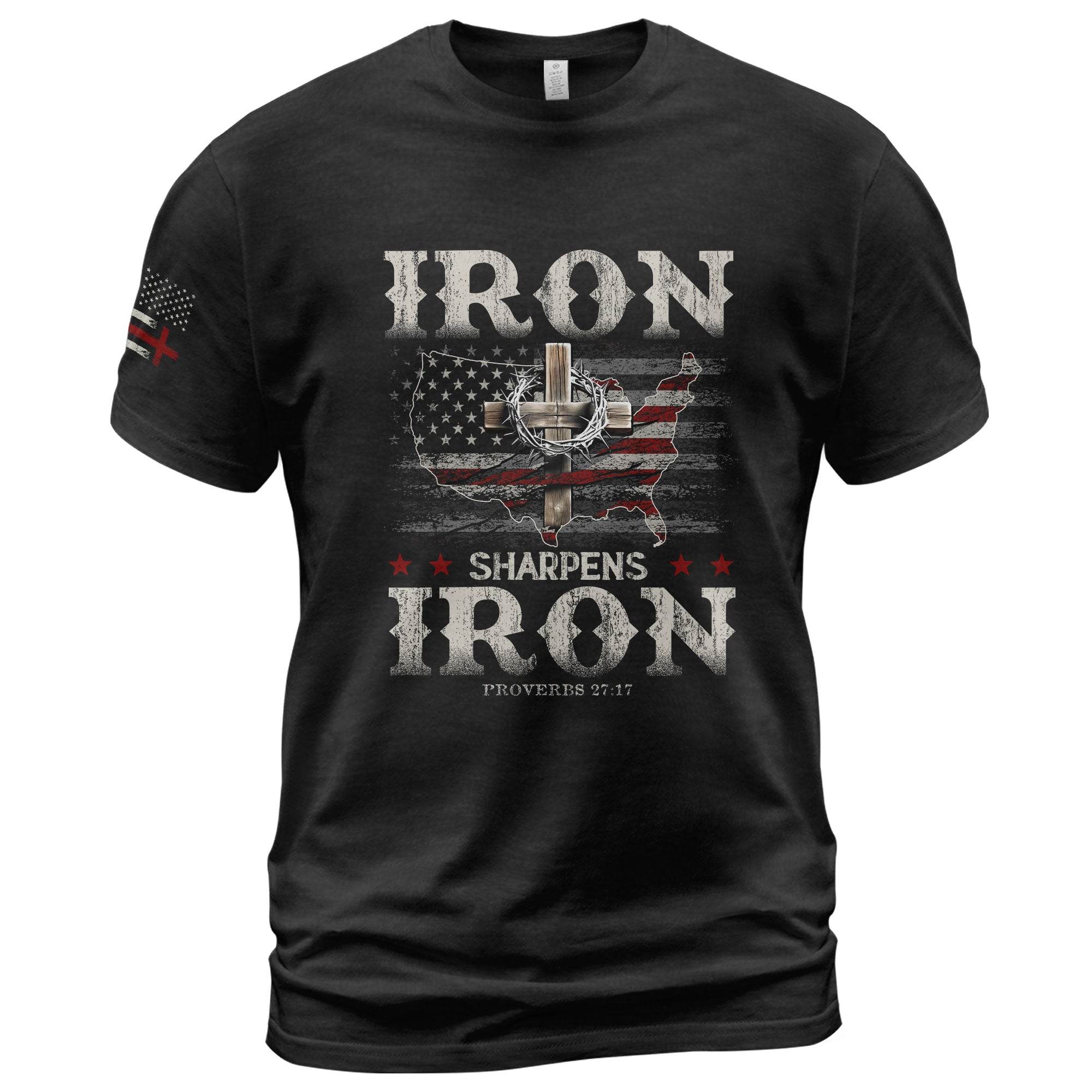 Iron Sharpens Iron T-Shirt – Proverbs 27:17 USA Faith Warrior Tee - Rust Field Wear