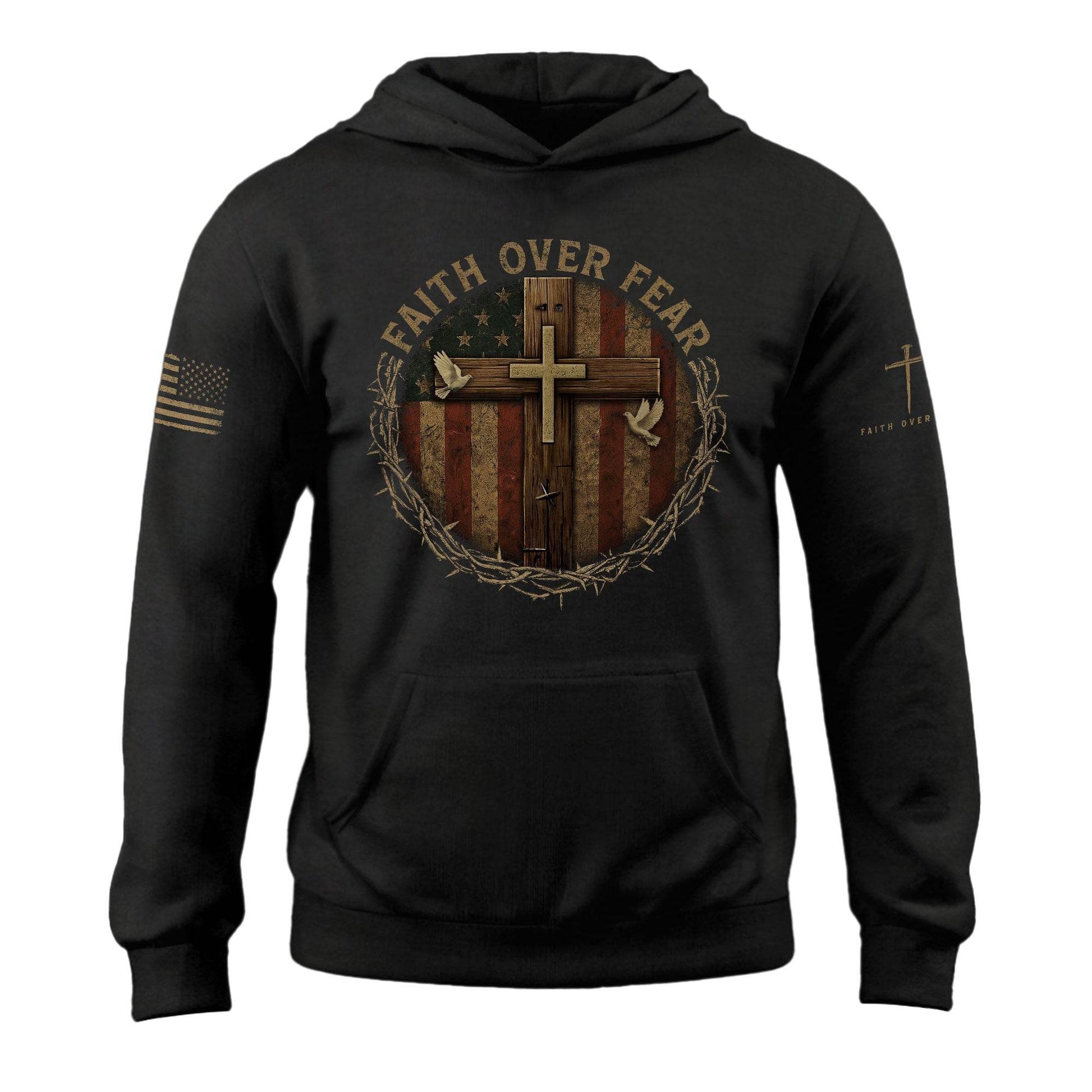 Faith Over Fear Cross And American Flag Christian Hoodie - Rust Field Wear